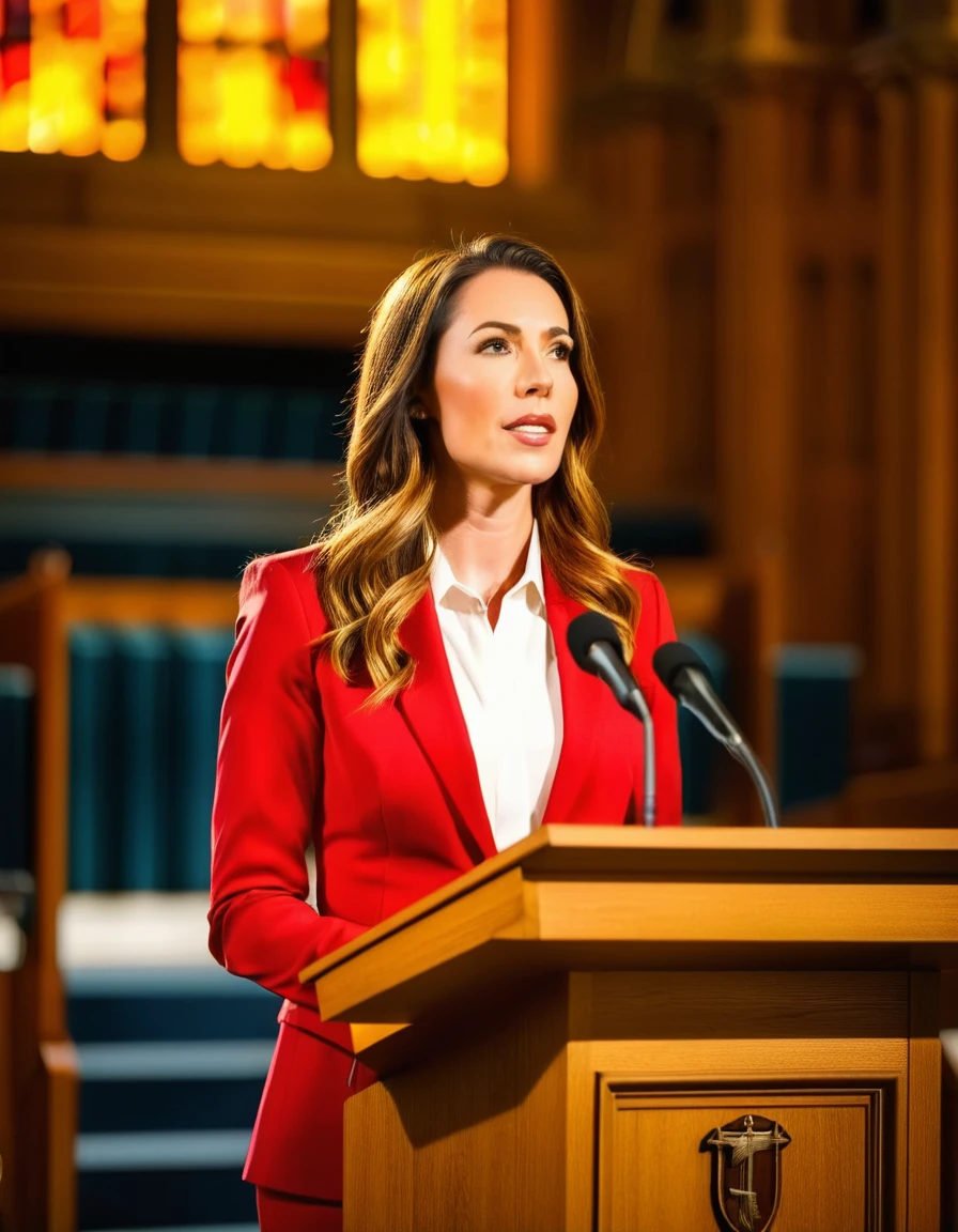 ((woman)), (30 year old), (long hair), (wearing reddish suit), (speech at a lectern), (bible on the pulpit), (modern protestant church background), (golden hour light), (photo realism), (hyper detailed), diffuse lighting, (((front view))), (long shot in Nikon D850 DSLR), ((200mm f/1. 8 lens)), (Slightly blurred background with bokeh effect)