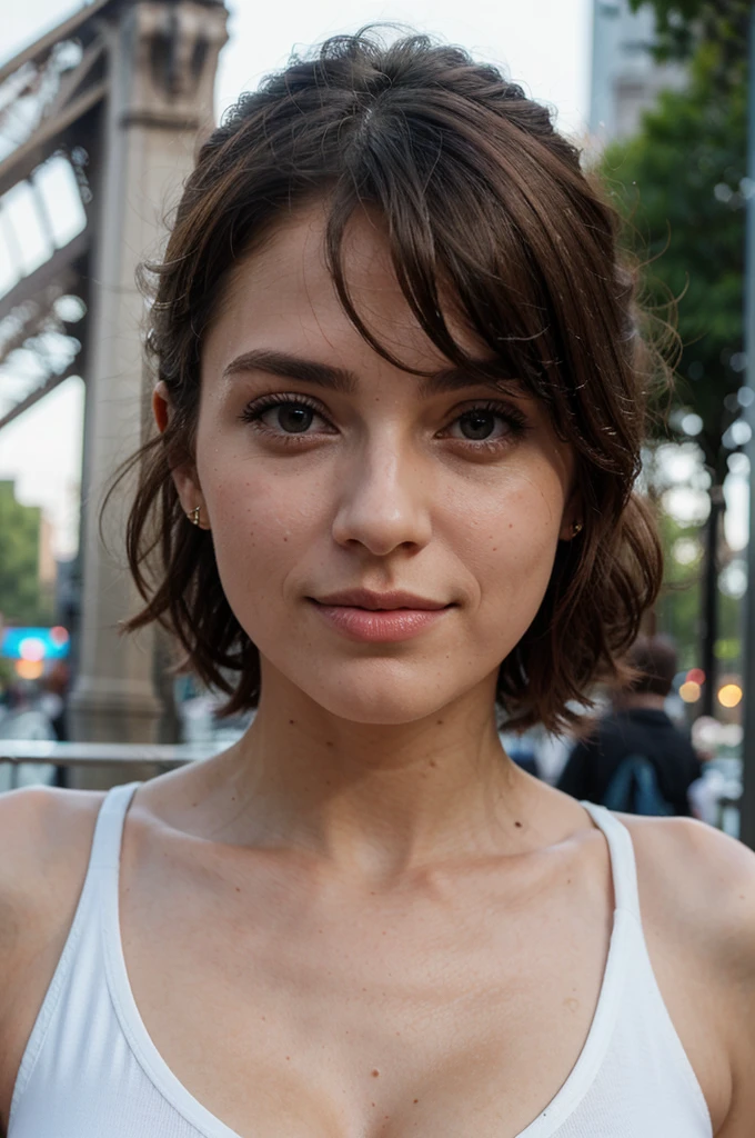 Beautiful woman, Scrawny, healthy, happy expression, satisfied with the body, roupas de moda de high qualiy, near the Eiffel Tower in Paris, posing to photo, Photo for posting on Instagram, face detailed, gorgeous eyes, beautiful lips, detailed hair, athletic body, natural lighting, dynamic pose, clean background, swirly vibrant colors, cinematic lighting, high qualiy, photorrealistic, chic, dynamic, mighty