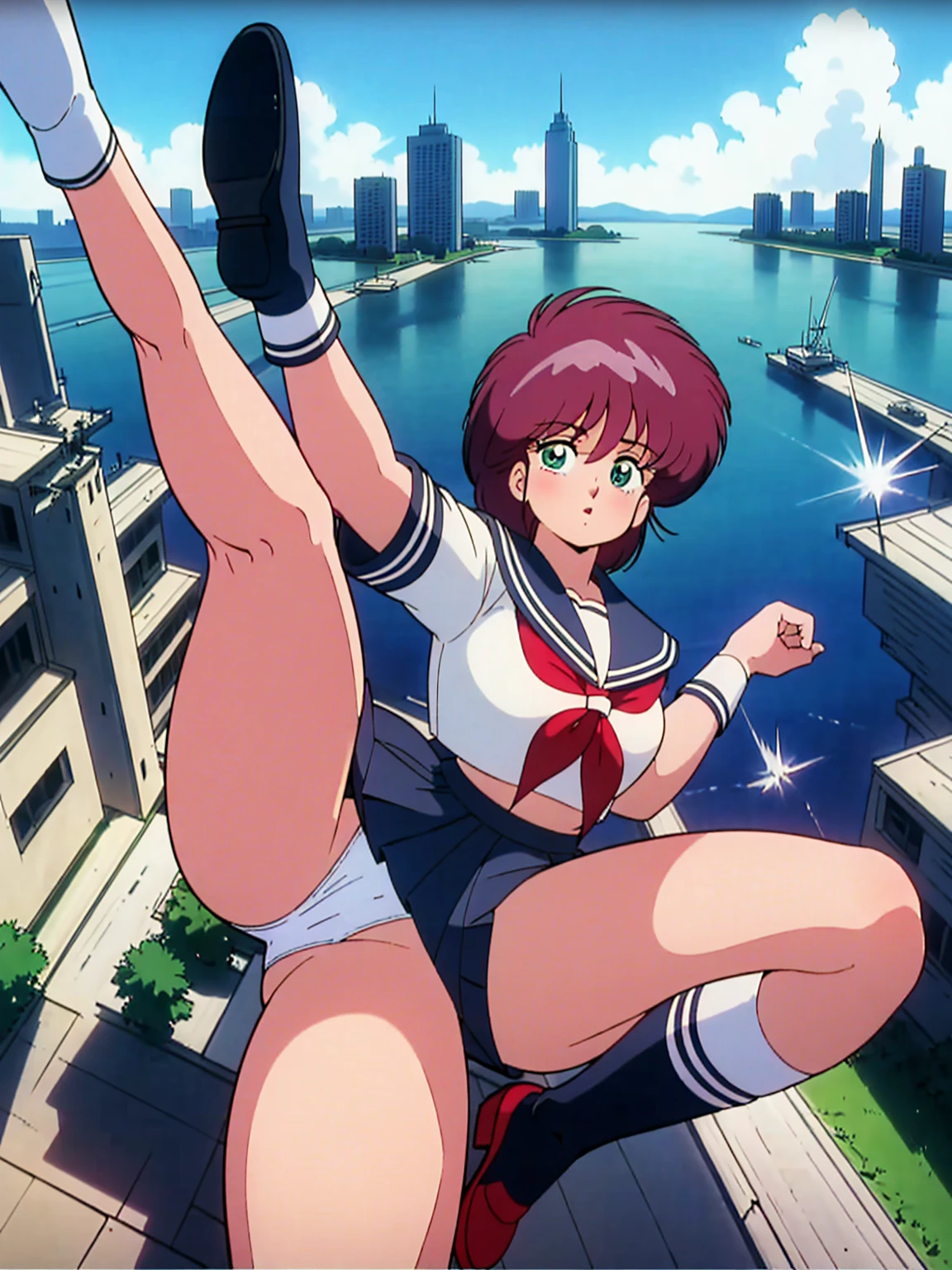 1girls, masterpiece, highest quality, disorganized, retro artstyle, 1980s \(style\)))), look viewer, (((sailor uniform))), (Madoka Ayukawa), (((scoolgirl uniform))), knee shot, full blush, (((white Panties))),, Take a look here, view audience, short hair, 2girls, nsfw, Genitals are visible, (((See here))), (Japanese girl showing off panties:1.1), look viewer, from below, (((a girl, Flying in the air in a sailor uniform, from the knees up, overlooking the cityscape below,))),