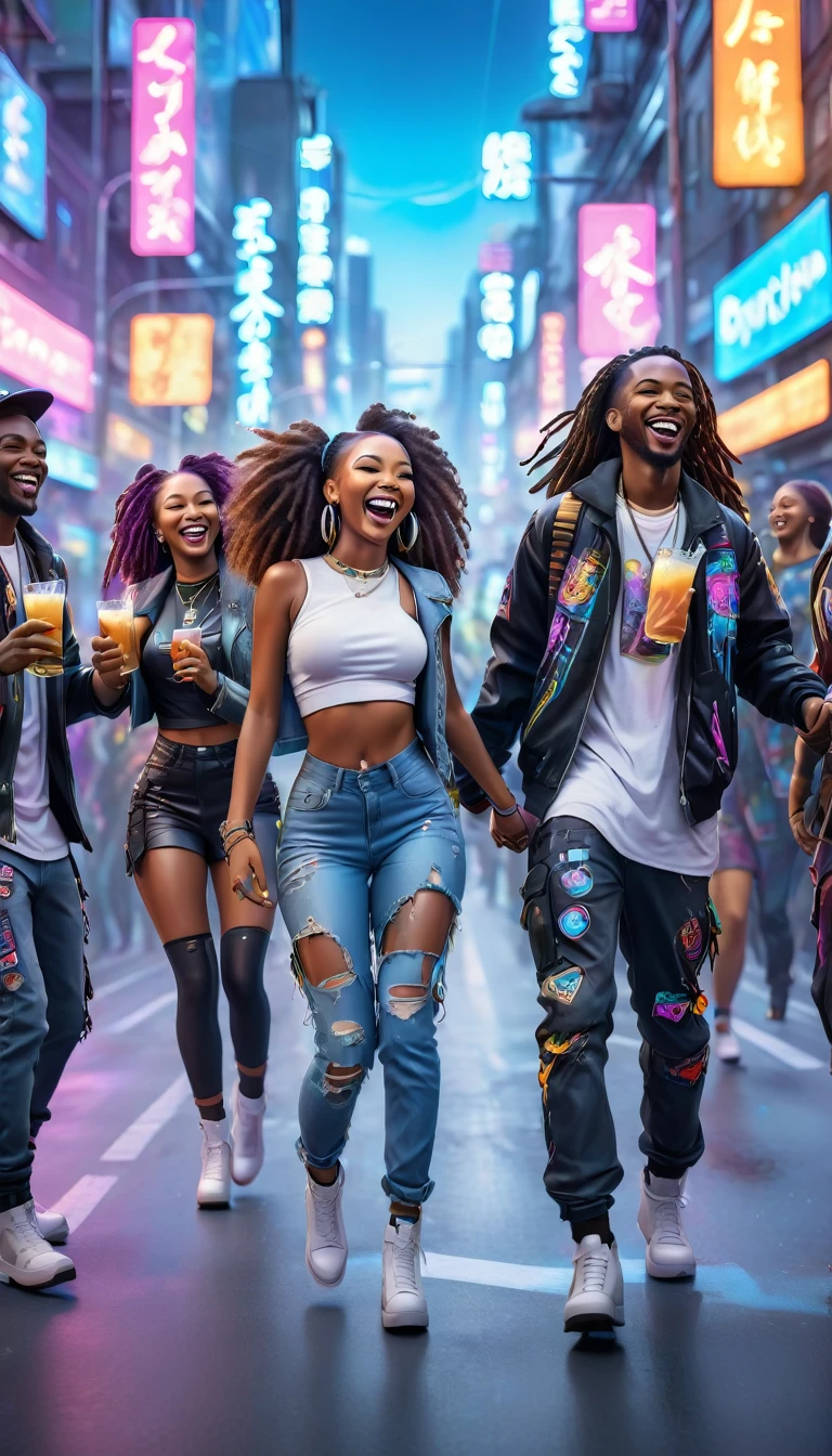 adult BLACK people dressed in urban clothes, In an urban landscape and holographic signs、HAPPY DANCING on the road. are drinking and laughing, The background is modern and cyberpunk, high tech vibe. Lovely Digital Painting, 3D rendering, Bright lighting, swirly vibrant colors. adult people, BEAUTIFUL black people, long  hair