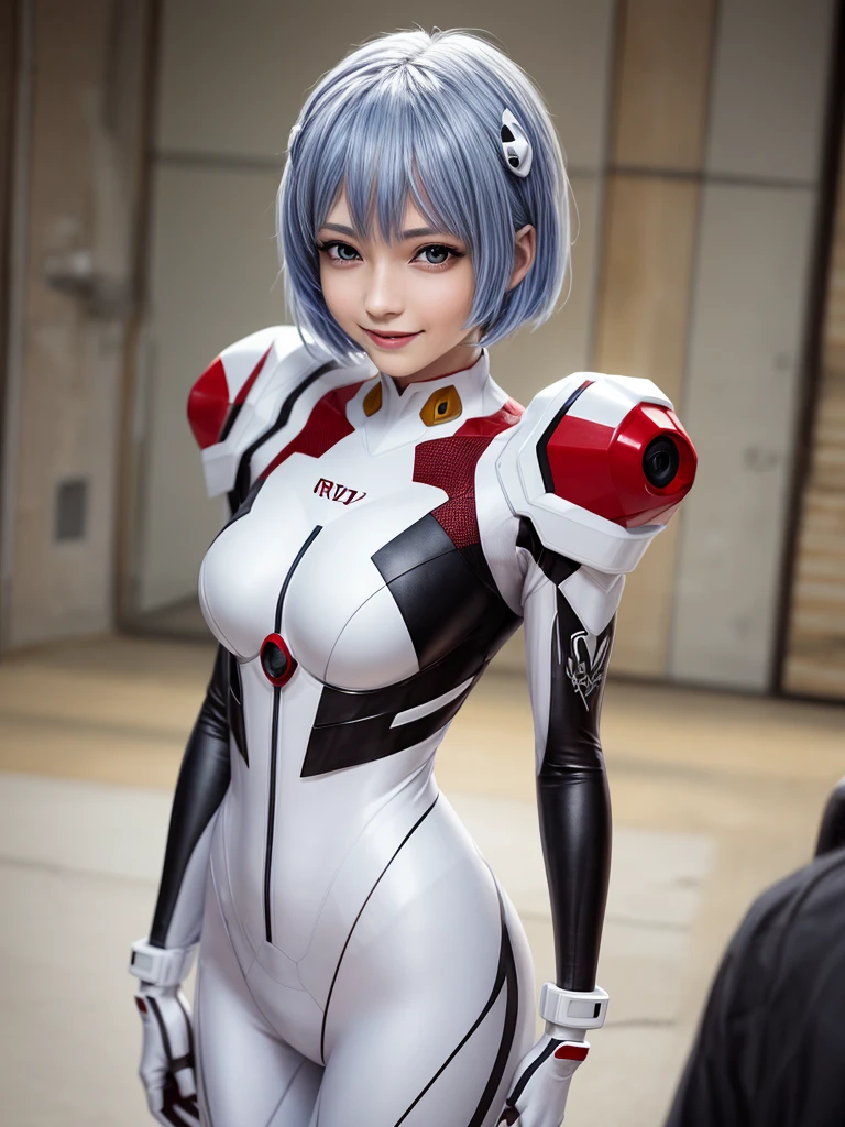 Masterpiece, highest quality, 8K, detailed skin texture, fine cloth texture, beautiful detailed face, intricate details, super detailed, portrait of Rei Ayanami, blue hair, red eyes, looking far away, no background, Evangelion Wearing a plug suit when riding, plug suit, whole body visible, standing, arms crossed, 15 years old, beautiful, cute, great style, smiling,composition that shows the whole body,