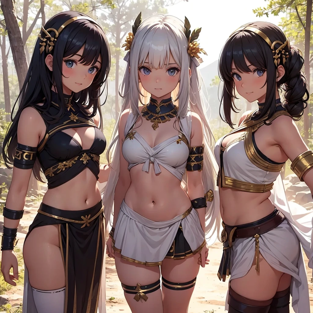 young greek warriors girls in togas , only girls , forest in the background ,four girls, sandals , close to the viewer,, sexy , multiple girls ,exposed belly, curves , black hair , blonde hair , white hair , light armor , knee pads, elbow pads,