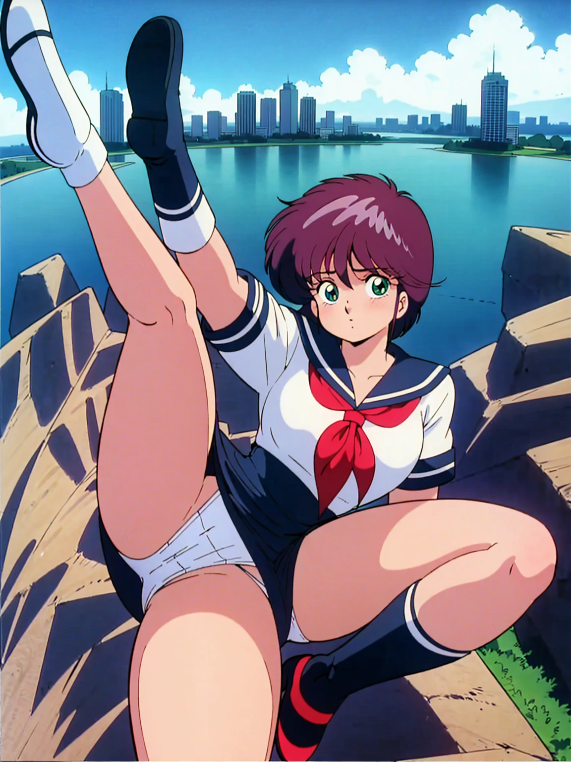 1girls, masterpiece, highest quality, disorganized, retro artstyle, 1980s \(style\)))), look viewer, (((sailor uniform))), (Madoka Ayukawa), (((scoolgirl uniform))), knee shot, full blush, (((white Panties))),, Take a look here, view audience, short hair, 2girls, nsfw, Genitals are visible, (((See here))), (Japanese girl showing off panties:1.1), look viewer, from below, (((a girl, Flying in the air in a sailor uniform, from the knees up, overlooking the cityscape below,))),