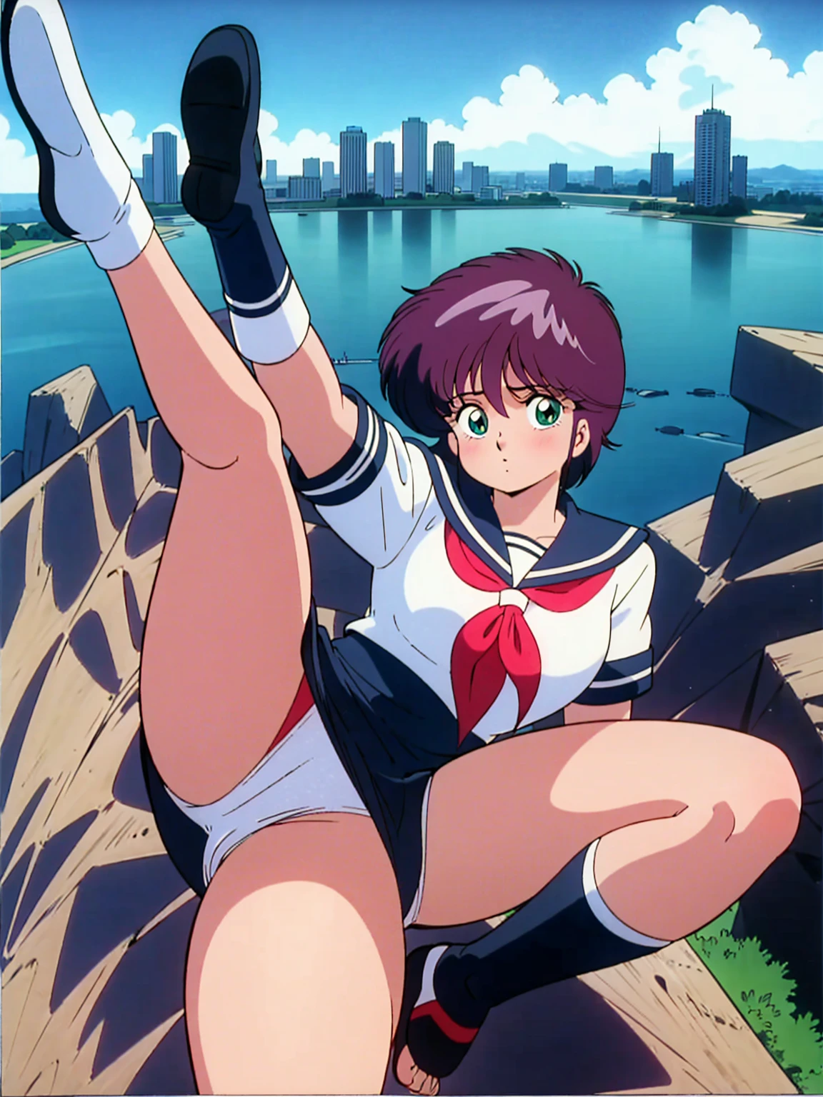 1girls, masterpiece, highest quality, disorganized, retro artstyle, 1980s \(style\)))), look viewer, (((sailor uniform))), (Madoka Ayukawa), (((scoolgirl uniform))), knee shot, full blush, (((white Panties))),, Take a look here, view audience, short hair, 2girls, nsfw, Genitals are visible, (((See here))), (Japanese girl showing off panties:1.1), look viewer, from below, (((a girl, Flying in the air in a sailor uniform, from the knees up, overlooking the cityscape below,))),