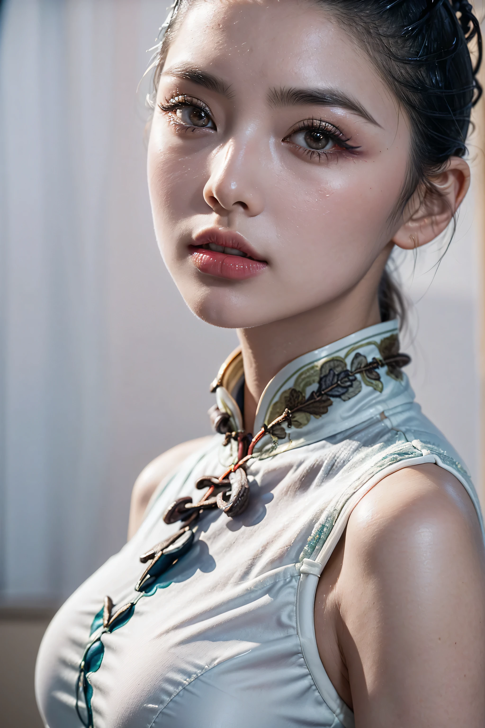 (absurd quality,16k,highres,masterpiece:1.2), ultra details,UHD,(photorealistic Realism 16K Quality), (1woman:1.3 22-year-old), (super quality details, realistic texture: skin, hair), (the most absurd quality perfect eyes), ((natural super beautiful cute sharp-face)), (light pale complexion), ((clear no blur and sharp perfect round realistic brown_eyes:1.35)), finely detailed pupils, detailed lips:1.3, BREAK, ((Fujicolor、daytime soft lighting)、fashion supermodel、((curly heban hair (slicked to the two side) Intricately detailed:1.35)), BREAK, (pink_makeup:1.3), BREAK, ((Classic and sexy ((white)) cheongsam)、Detailed blue decoration:1.3)), BREAK, (Fitted clothing:1.3)、dynamic pose、((close-up of her face:1.35)), (no decorations in the hair), (dark shot:1.2), 