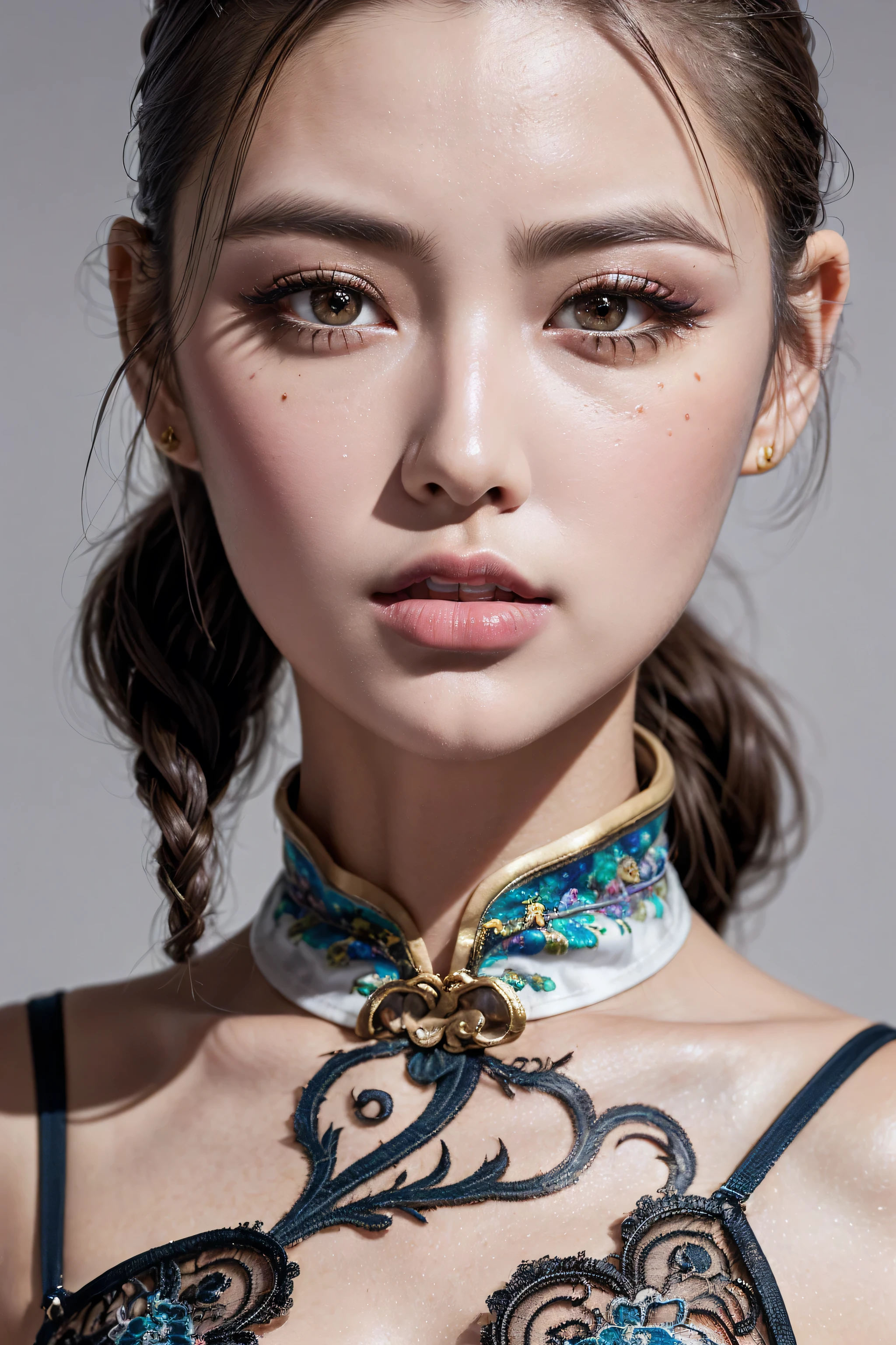 (best quality,16k,highres,masterpiece:1.2), ultra details,UHD,(photorealistic Realism 16K Quality), (1woman:1.3 22-year-old), (super quality details, realistic texture: skin, hair), (the most absurd quality perfect eyes), ((natural super beautiful cute sharp-face)), (light pale complexion), (clear no blur and sharp perfect round realistic brown_eyes:1.35), finely detailed pupils, detailed lips:1.3, BREAK, ((Fujicolor、daytime soft lighting)、fashion supermodel、((curly heban hair (slicked to the two side) Intricately detailed:1.35)), BREAK, (pink_makeup:1.3), BREAK, ((Classic and sexy ((white)) cheongsam)、Detailed blue decoration:1.3)), BREAK, (Fitted clothing:1.3)、dynamic pose、((close-up of her face:1.35)), (no decorations in the hair), (dark shot:1.2),