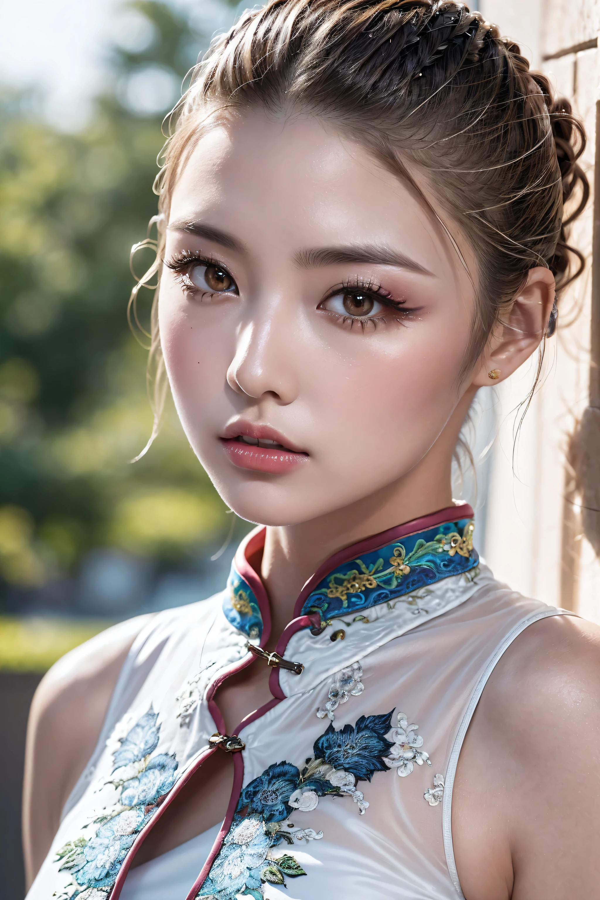 (best quality,16k,highres,masterpiece:1.2), ultra details,UHD,(photorealistic Realism 16K Quality), (1woman:1.3 22-year-old), (super quality details, realistic texture: skin, hair), (the most absurd quality perfect eyes), ((natural super beautiful cute sharp-face)), (light pale complexion), (clear no blur and sharp perfect round realistic brown_eyes:1.35), finely detailed pupils, detailed lips:1.3, BREAK, ((Fujicolor、daytime soft lighting)、fashion supermodel、((curly heban hair (slicked to the two side) Intricately detailed:1.35)), BREAK, (pink_makeup:1.3), BREAK, ((Classic and sexy ((white)) cheongsam)、Detailed blue decoration:1.3)), BREAK, (Fitted clothing:1.3)、dynamic pose、((close-up of her face:1.35)), (no decorations in the hair), (dark shot:1.2),