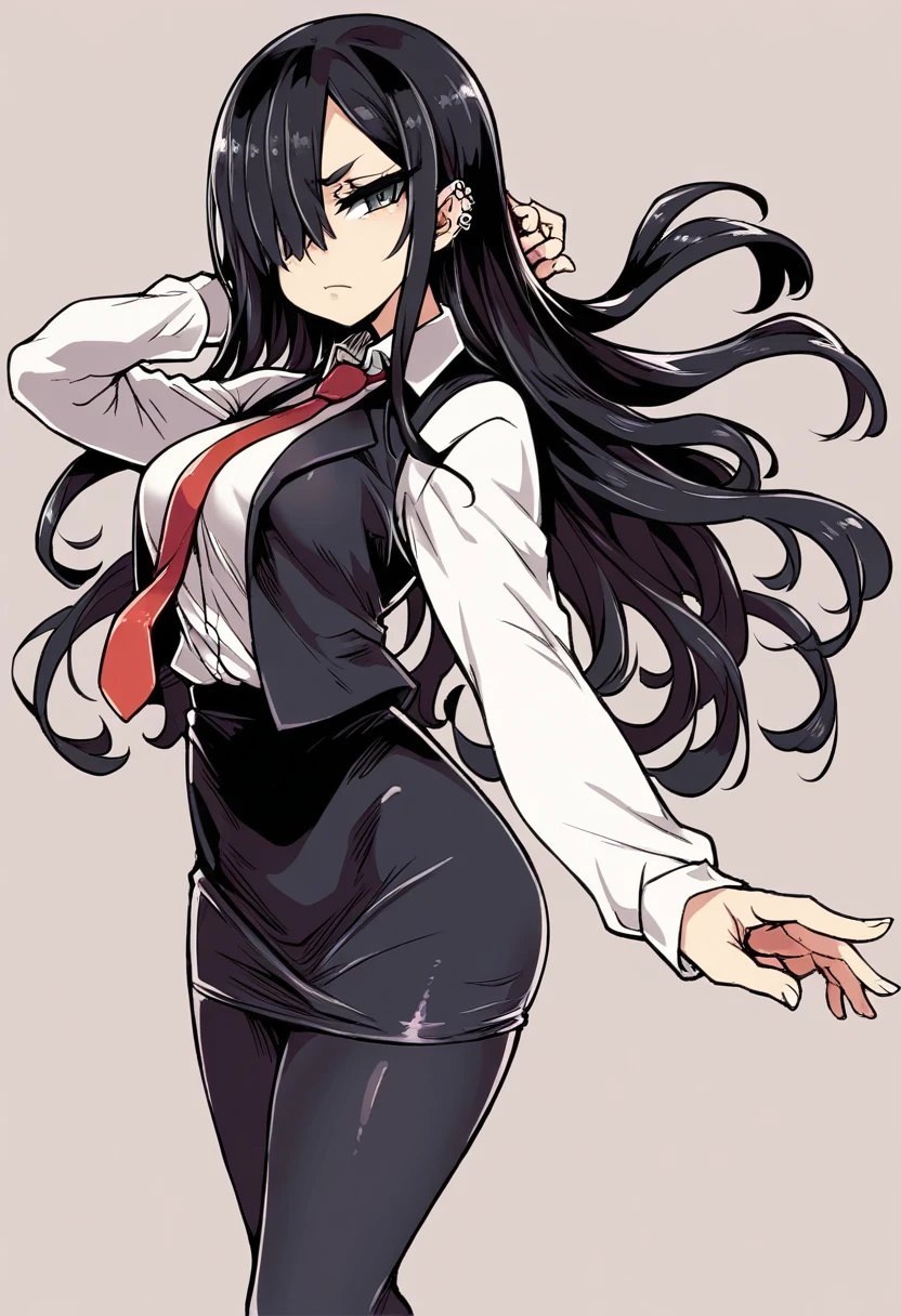 1 girl, 2, long black hair, handsome face, sleeveless business suit, red tie,show cleavage, long black pants, black leather gloves,fighting stance,high quality, masterpiece