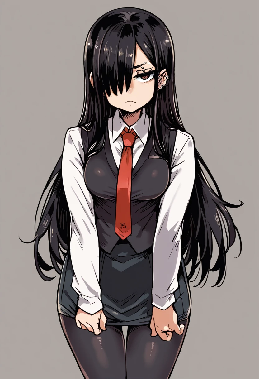 score_9, score_8_up, score_7_up, expressive eyes, perfect face, 1girl, solo, long hair, breasts, looking at viewer, skirt, simple background, shirt, black hair, long sleeves, closed mouth, white shirt, cowboy shot, necktie, collared shirt, hair over one eye, black vest, black pants, frown, piercing, half-closed eyes, red necktie, one eye covered, cleveage, fullbody, full body, 