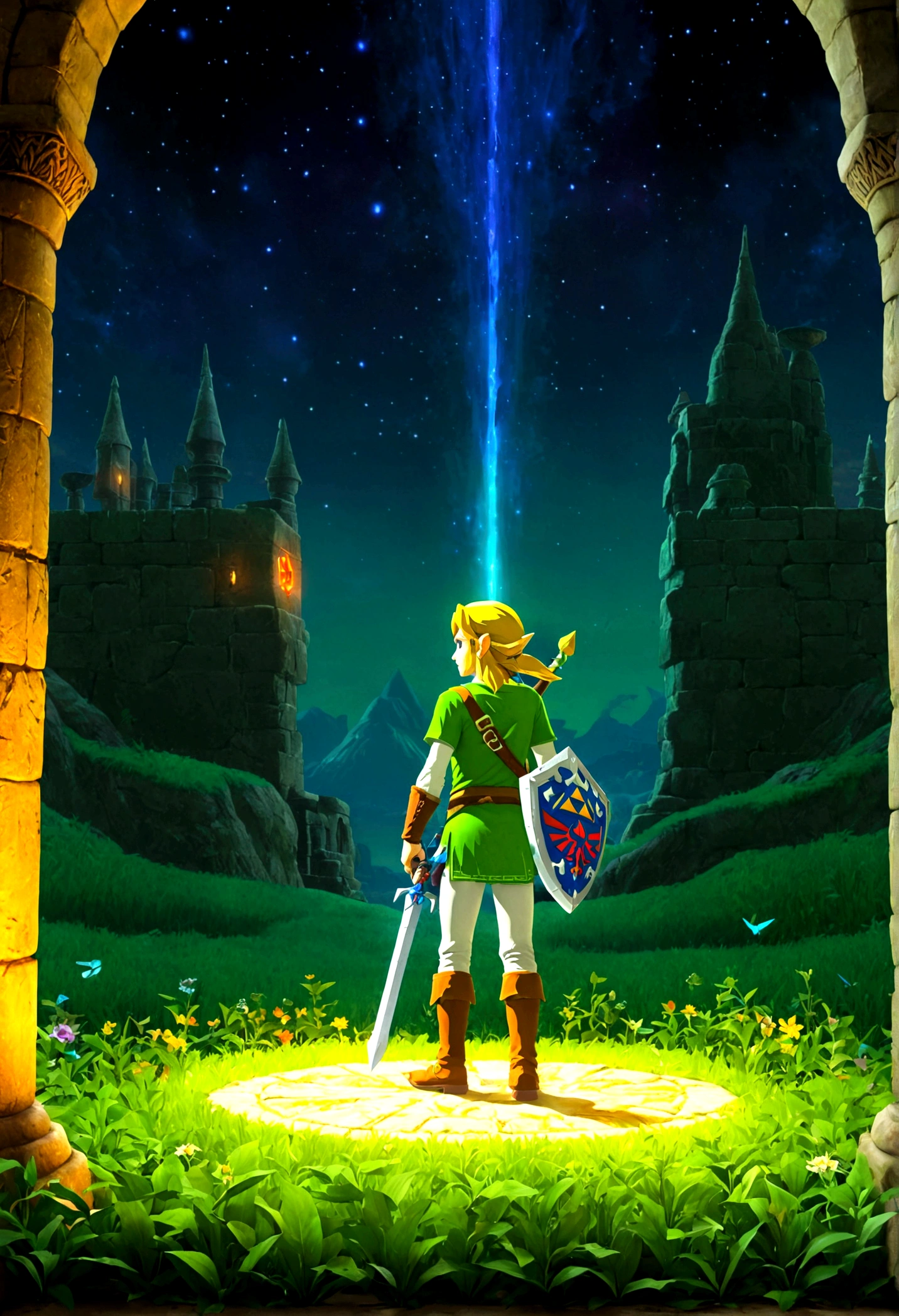 The Legend of Zelda, game style, by Chiho Aoshima, full body, cinematic still, cinemascope, best quality, masterpiece, very aesthetic, perfect composition, intricate details, ultra-detailed, vivid colors