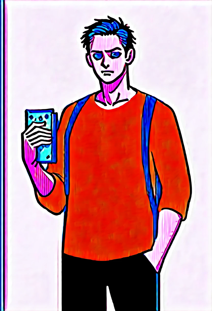 A man wearing a Guy Fawkes hacker mask with a suspicious look, carrying a large backpack on his back, and prominently holding a bag of money in his hand. The character is looking straight ahead with a dark, ominous style. A digital thief. 1man, Guy Fawkes hacker mask, suspicious look, large backpack, bag of money, digital thief, cartoon style, comic book, vibrant colors, cel shading, dynamic pose, detailed illustration, dramatic lighting, cyberpunk theme, sketch, inked lines, focus on hand holding money bag, looking forward, dark, ominous style