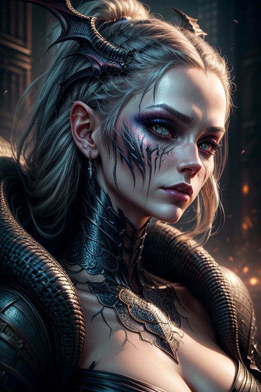 a closeup of a woman with a dragon face, beautiful digital artwork, hyperrealistic fantasy art, the dragon girl portrait, amazing digital art, beautiful digital art, intricate makeup, intricate cyberpunk makeup, trendy digital fantasy art, Tomasz Alen Kopera and CGSociety, lady with a snake face, dragon girl, detailed matte fantasy portrait