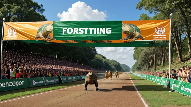 The tortoise crossing the finish line, with a banner overhead and forest animals cheering.