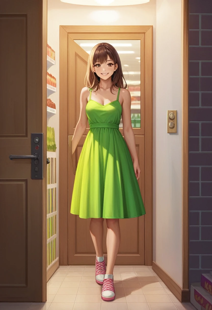 (masterpiece:1.2, 最high quality:1.1, High resolution,Absurd, high quality),(Realistic:1.1),reflected light, colorful,Super detailed, Ultra HD, Very detailed,
Yotsuya Miko, Open door, Yellow-green dress, Straight Hair, Brown Hair, Brown eyes,( Open door):1.4, Convenience store entrance, (smile), Fast food in both hands, One girl, Focus Only,