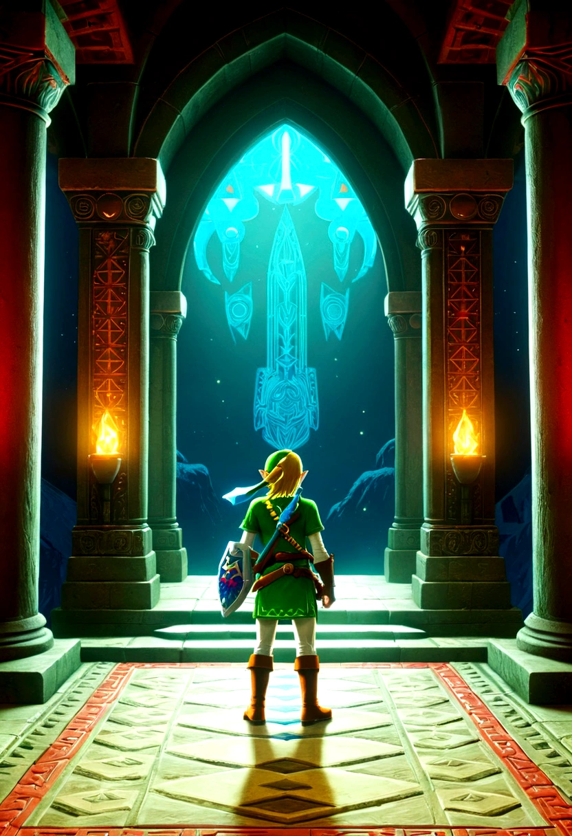 The Legend of Zelda, game style, by Chiho Aoshima, full body, cinematic still, cinemascope, best quality, masterpiece, very aesthetic, perfect composition, intricate details, ultra-detailed, vivid colors