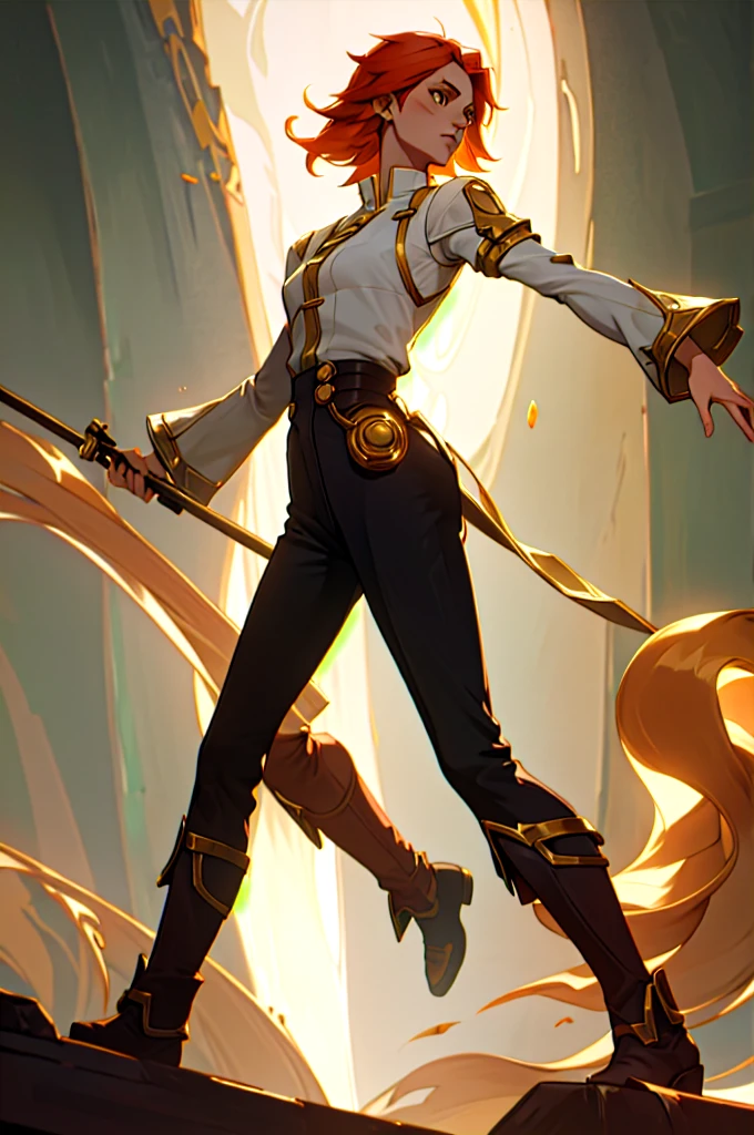 Estilo Arcane (league of Legends), a woman wearing black pants and gold details with high boots, a white shirt with long, wide sleeves and slightly wavy light pastel orange hair with brown eyes. sonríendo levemente.