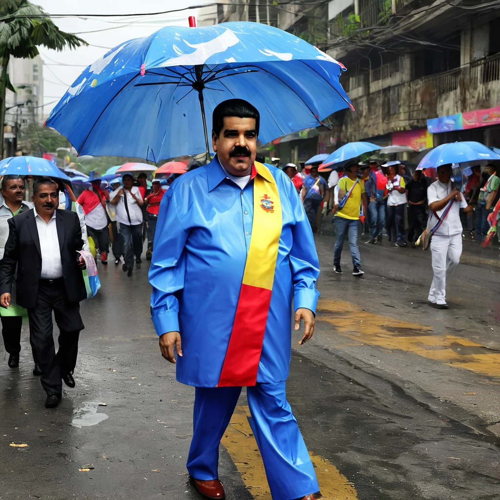 Nicolas Maduro wearing a poorly made umbrella mascot costume made of recycled materials