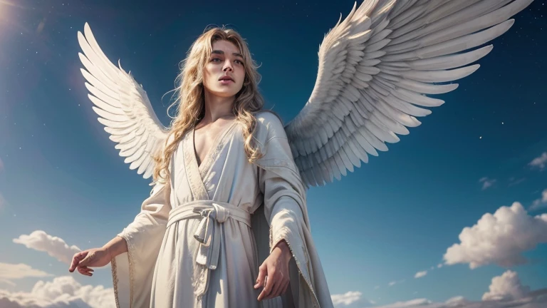 Generate a high definition image of a male angel, serene and majestic in appearance. He is standing, in a celestial environment illuminated by a soft, golden light that radiates around you. The angel has long, golden hair, slightly wavy, that fall on your shoulders. He has a calm and compassionate expression, with clear eyes that convey wisdom and kindness. Their wings are large and powerful, white as snow, with detailed feathers that delicately reflect light. The angel wears a heavenly robe, adorned with subtle patterns that shine in the divine light. Ao fundo, Soft clouds and a clear blue sky complement the scene&#39;s celestial atmosphere.."

