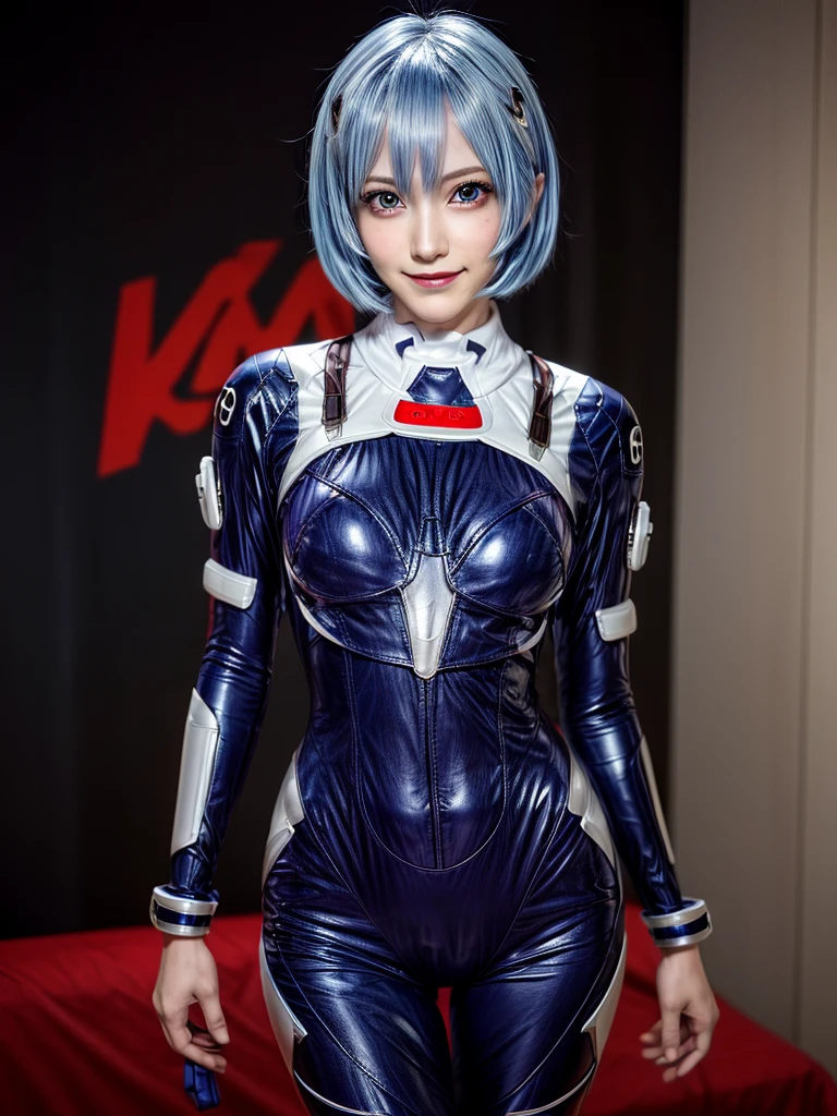 Masterpiece, highest quality, 8K, detailed skin texture, fine cloth texture, beautiful detailed face, intricate details, super detailed, portrait of Rei Ayanami, blue hair, red eyes, looking far away, no background, Evangelion Wearing a plug suit when riding, plug suit, whole body visible, standing, arms crossed, , beautiful, cute, great style, smiling,composition that shows the whole body,