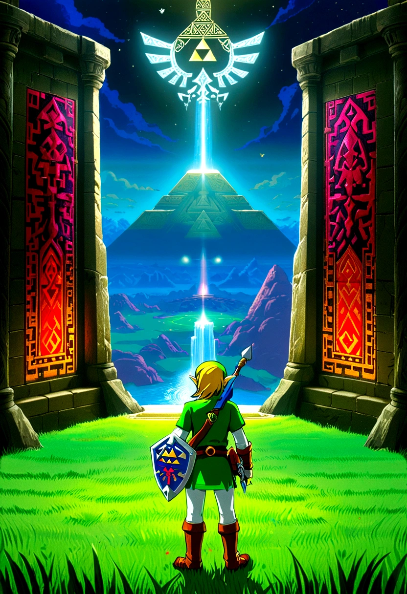 The Legend of Zelda, game style, by H.J. Ford, full body, cinematic still, cinemascope, best quality, masterpiece, very aesthetic, perfect composition, intricate details, ultra-detailed, vivid colors