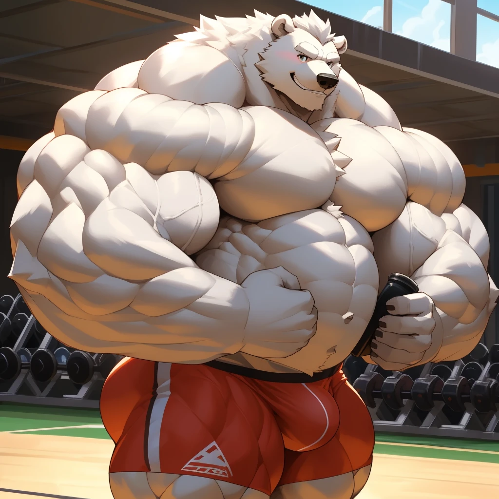 solo, 1boy, perfect anatomy, (furry white bears, polar bear) perfect proportion, bodybuilding fitness, grin, big eyes, wide chest, bulky, bulk, bulge, happy. Huge Muscular Old man with short hair pumping irons with his huge body,(white shorts), view from side, pectoral, thick arms, huge pectoral, wide pectoral, white hair, white beards, gym background, masterpiece, semirealistic:1.2, high detailed, 8k, high resolution, perfect center, full view. ((really big muscle, massive muscular, sixpack, thick arms, wide pectoral, super huge muscle, hyper muscular, over sized muscle, huge arms, big arms, huge pectoral))