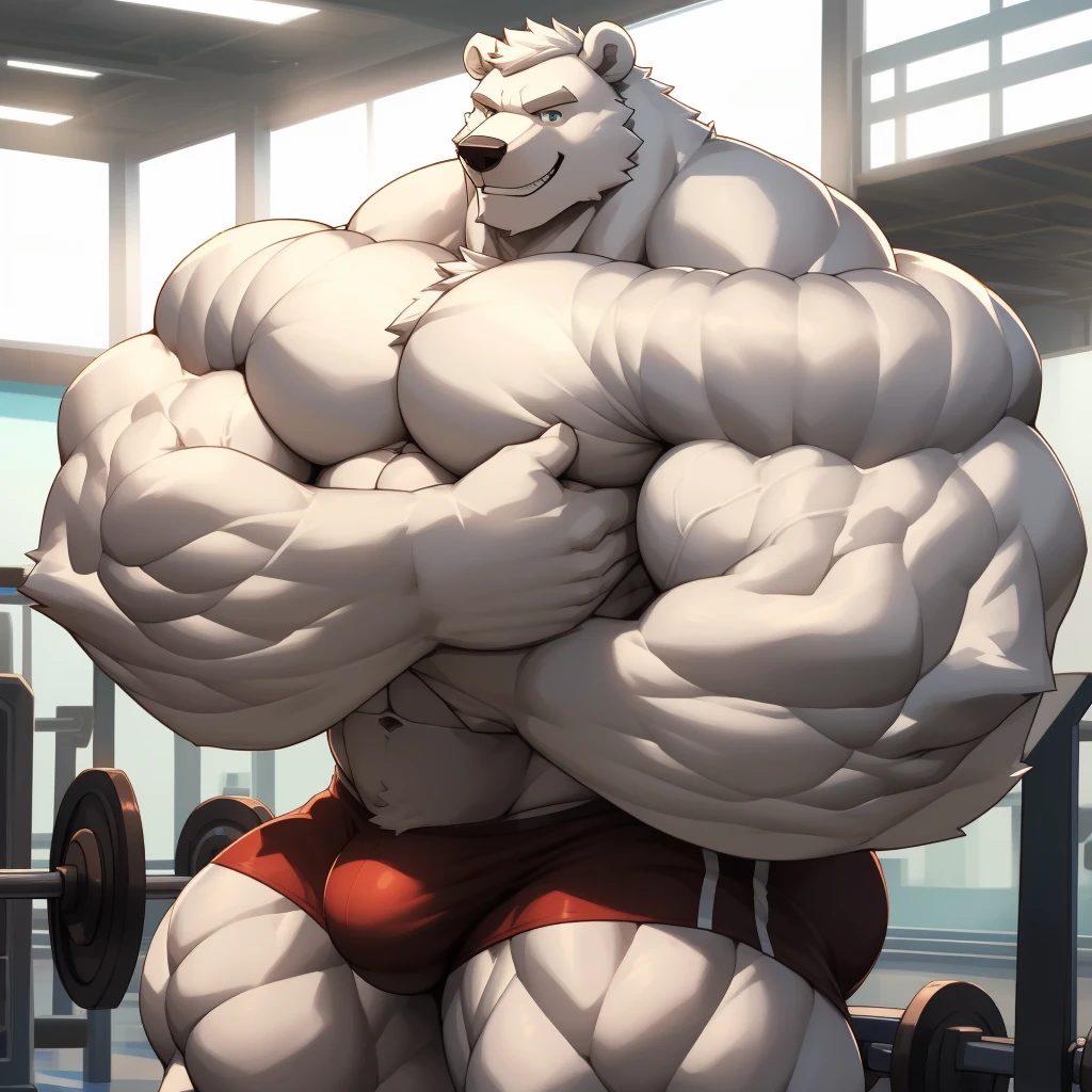 solo, 1boy, perfect anatomy, (furry white bears, polar bear) perfect proportion, bodybuilding fitness, grin, big eyes, wide chest, bulky, bulk, bulge, happy. Huge Muscular Old man with short hair pumping irons with his huge body,(white shorts), view from side, pectoral, thick arms, huge pectoral, wide pectoral, white hair, white beards, gym background, masterpiece, semirealistic:1.2, high detailed, 8k, high resolution, perfect center, full view. ((really big muscle, massive muscular, sixpack, thick arms, wide pectoral, super huge muscle, hyper muscular, over sized muscle, huge arms, big arms, huge pectoral))