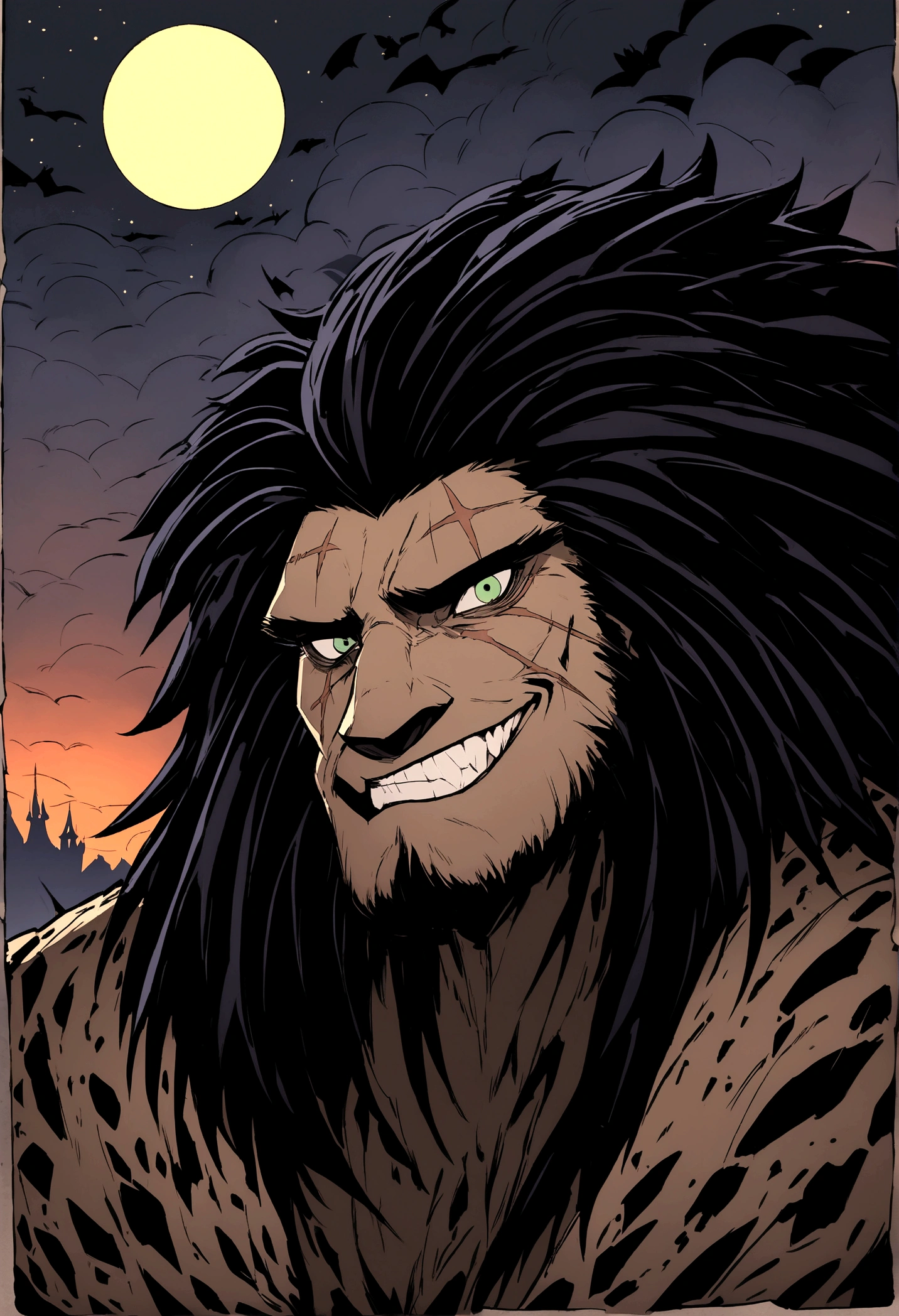 A close-up, stylized animated illustration focusing intently on the prominent, thick, jagged line running vertically across the left eye of the character Scar from the 1994 Disney film "The Lion King". This defining scar is the dominant and most striking feature, a bold, dramatic line cutting across Scar's piercing green eye. Details of his dark mane and slightly menacing expression with bared teeth are present, but the scar itself is the central focus, commanding the viewer's full attention. The atmospheric night landscape with a crescent moon in the background provides a moody, mysterious setting that heightens the intensity and significance of this iconic facial feature. The illustration style is reminiscent of the work of artist Chris Sanders, offering a unique and captivating interpretation that powerfully emphasizes this defining characteristic of the classic Disney villain.