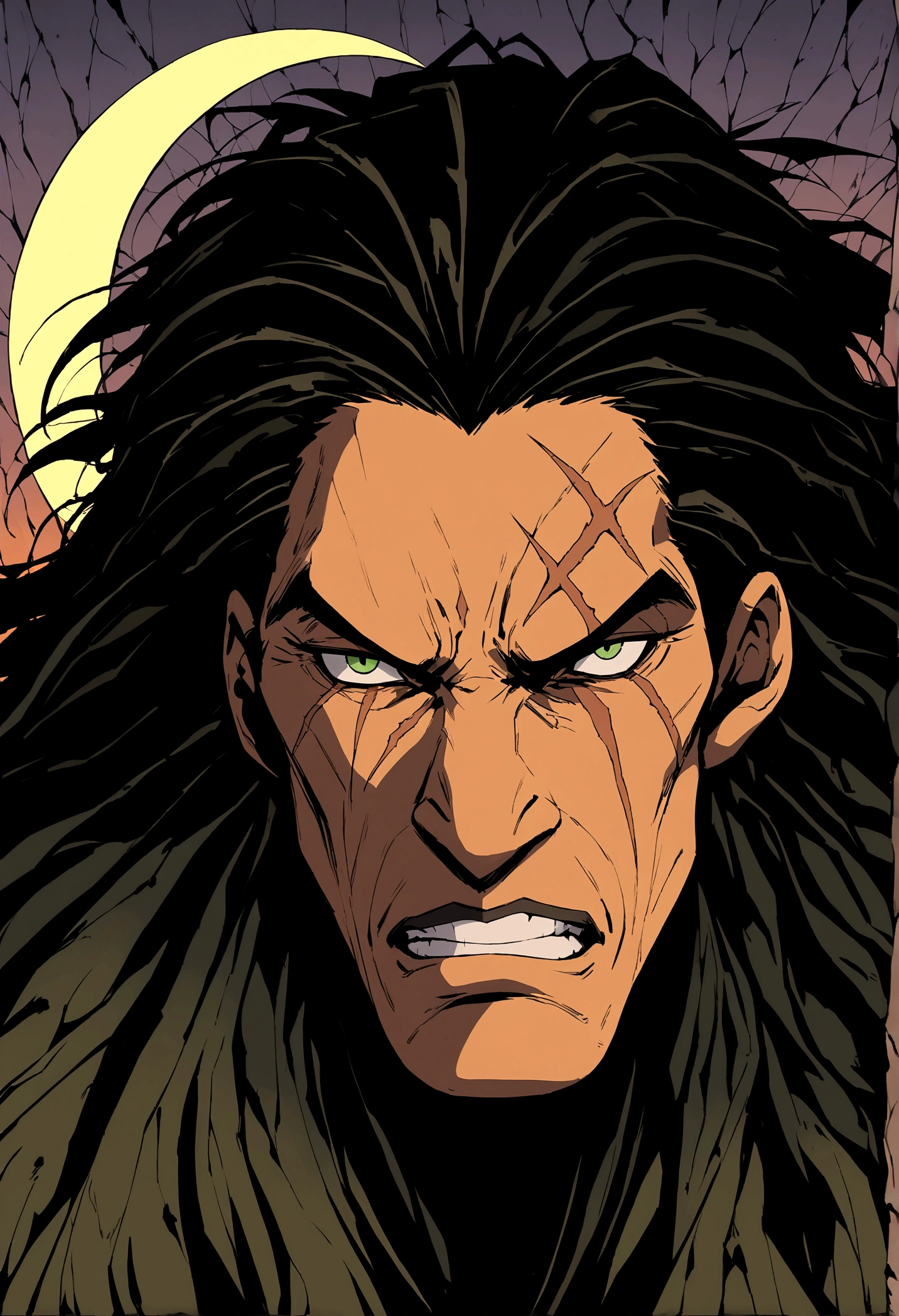 A close-up, stylized animated illustration focusing intently on the prominent, thick, jagged line running vertically across the left eye of the character Scar from the 1994 Disney film "The Lion King". This defining scar is the dominant and most striking feature, a bold, dramatic line cutting across Scar's piercing green eye. Details of his dark mane and slightly menacing expression with bared teeth are present, but the scar itself is the central focus, commanding the viewer's full attention. The atmospheric night landscape with a crescent moon in the background provides a moody, mysterious setting that heightens the intensity and significance of this iconic facial feature. The illustration style is reminiscent of the work of artist Chris Sanders, offering a unique and captivating interpretation that powerfully emphasizes this defining characteristic of the classic Disney villain.