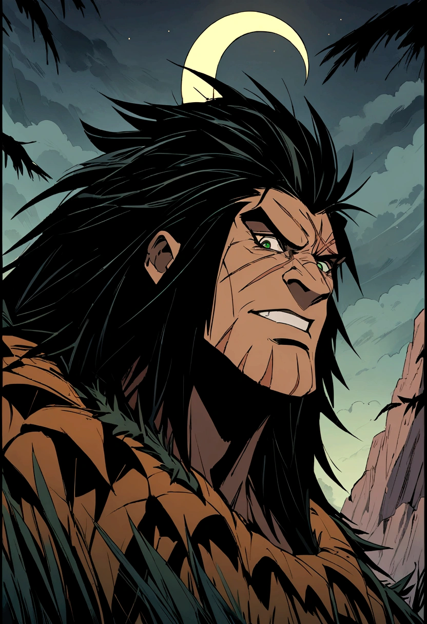 A close-up, stylized animated illustration focusing intently on the prominent, thick, jagged line running vertically across the left eye of the character Scar from the 1994 Disney film "The Lion King". This defining scar is the dominant and most striking feature, a bold, dramatic line cutting across Scar's piercing green eye. Details of his dark mane and slightly menacing expression with bared teeth are present, but the scar itself is the central focus, commanding the viewer's full attention. The atmospheric night landscape with a crescent moon in the background provides a moody, mysterious setting that heightens the intensity and significance of this iconic facial feature. The illustration style is reminiscent of the work of artist Chris Sanders, offering a unique and captivating interpretation that powerfully emphasizes this defining characteristic of the classic Disney villain.