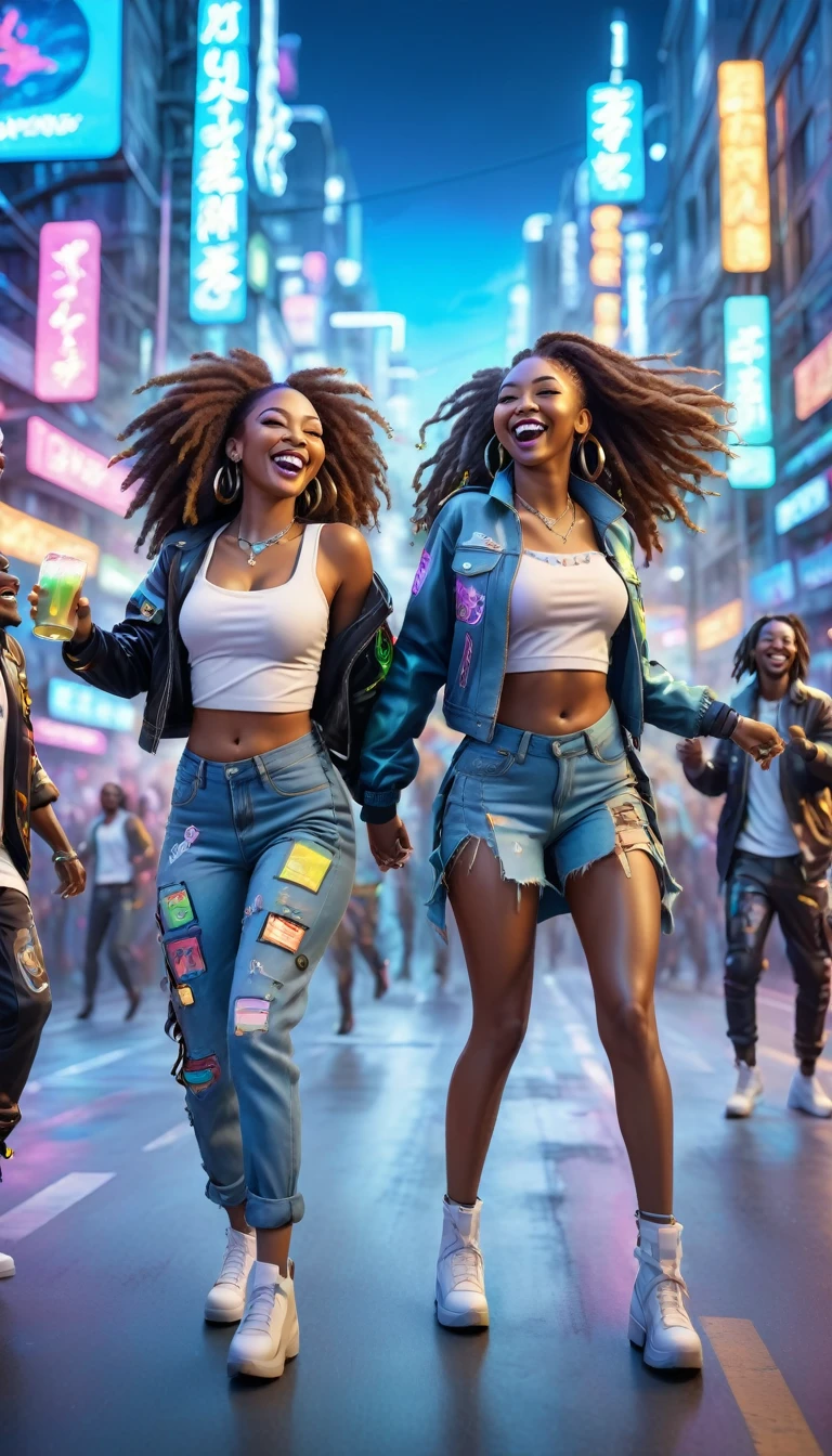 adult BLACK people dressed in urban clothes, In an urban landscape and holographic signs、HAPPY DANCING on the road. are drinking and laughing, The background is modern and cyberpunk, high tech vibe. Lovely Digital Painting, 3D rendering, Bright lighting, swirly vibrant colors. adult people, BEAUTIFUL black people, long  hair