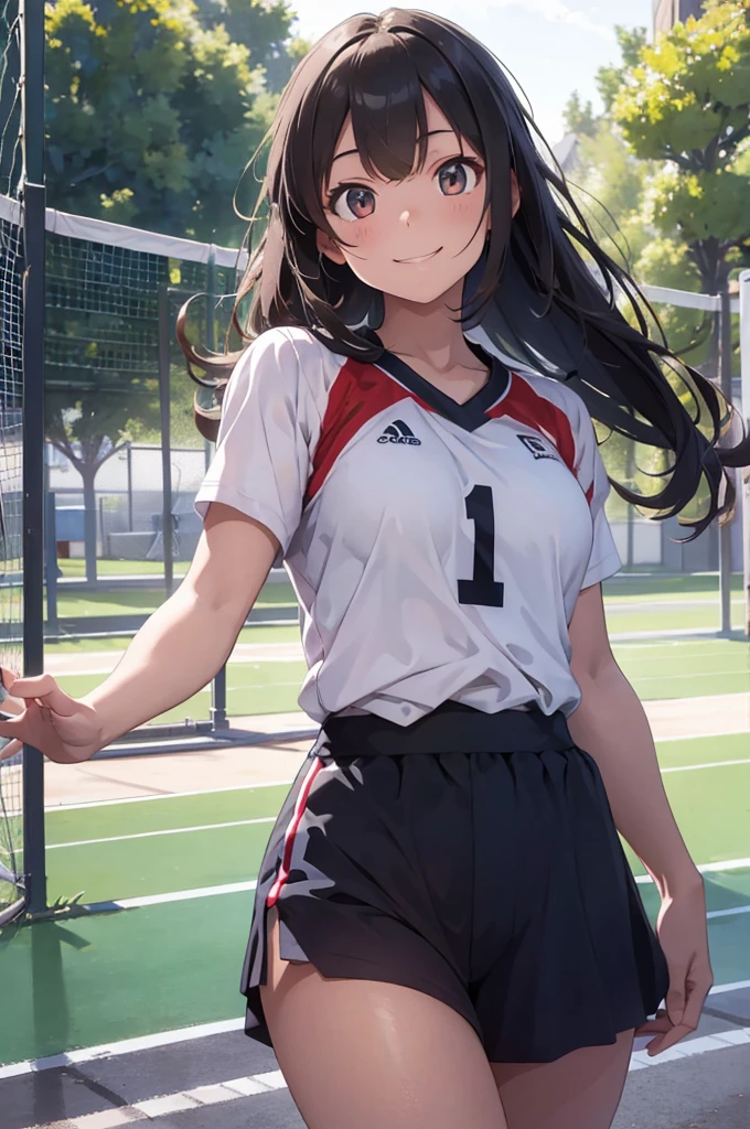 A beautiful young girl in a volleyball uniform, long flowing hair, big bright eyes, cute smile, athletic posture, outdoor volleyball court background, natural sunlight, vibrant colors, highly detailed, photorealistic, cinematic lighting, 8k, best quality, masterpiece