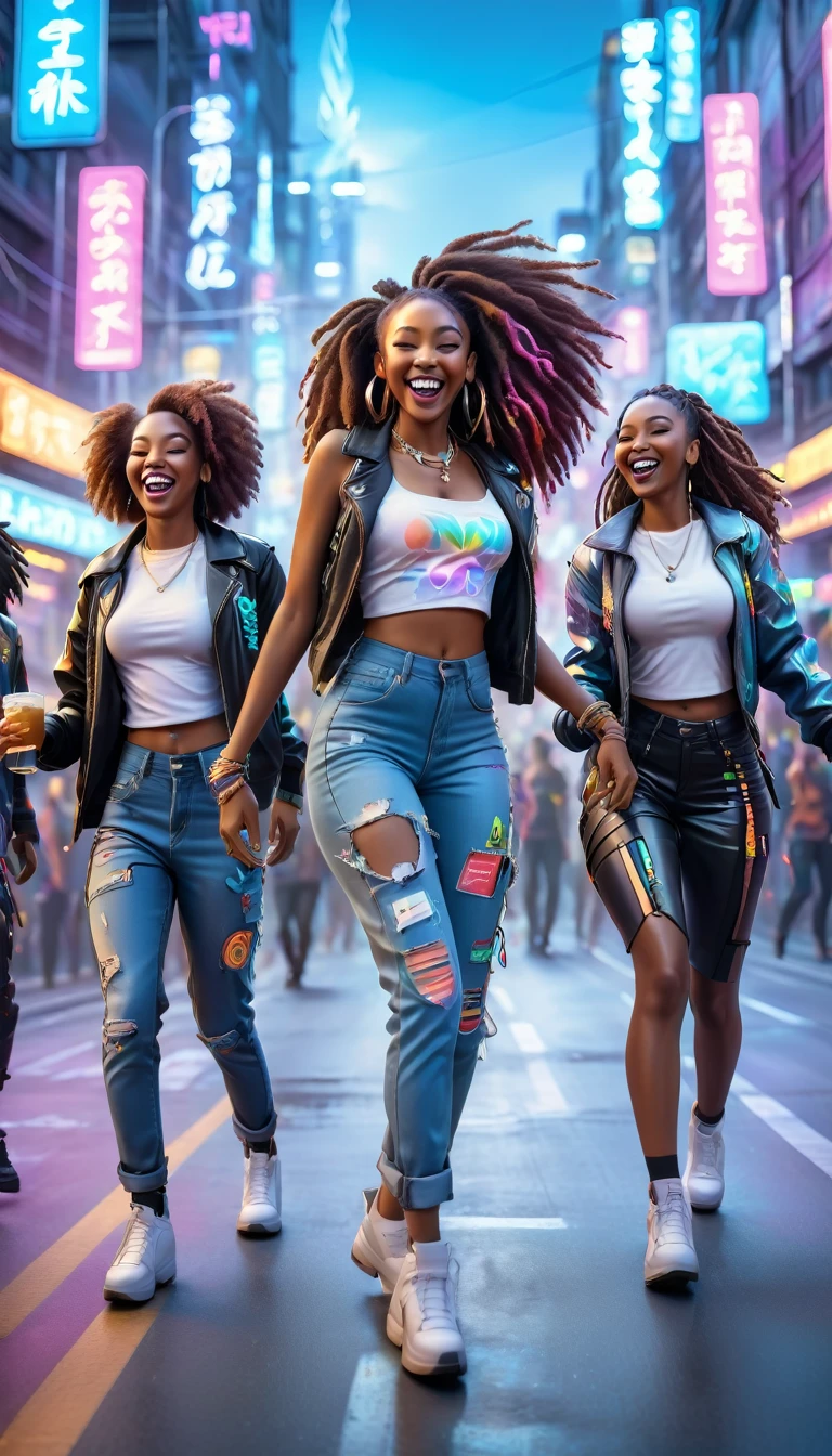 adult BLACK people dressed in urban clothes, In an urban landscape and holographic signs、HAPPY DANCING on the road. are drinking and laughing, The background is modern and cyberpunk, high tech vibe. Lovely Digital Painting, 3D rendering, Bright lighting, swirly vibrant colors. adult people, BEAUTIFUL black people, long hair