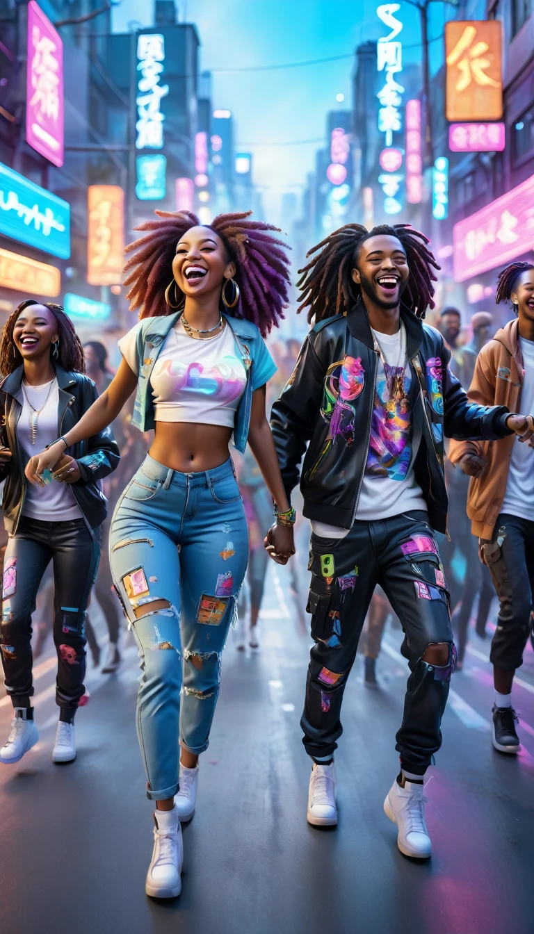 adult BLACK people dressed in urban clothes, In an urban landscape and holographic signs、HAPPY DANCING on the road. are drinking and laughing, The background is modern and cyberpunk, high tech vibe. Lovely Digital Painting, 3D rendering, Bright lighting, swirly vibrant colors. adult people, BEAUTIFUL black people, long hair