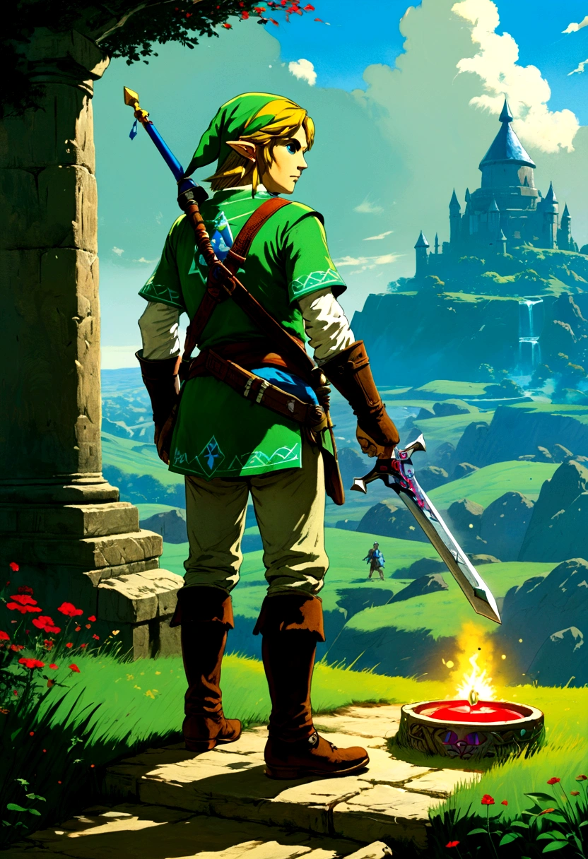 The Legend of Zelda, game style, by Chiho Aoshima, full body, cinematic still, cinemascope, best quality, masterpiece, very aesthetic, perfect composition, intricate details, ultra-detailed, vivid colors