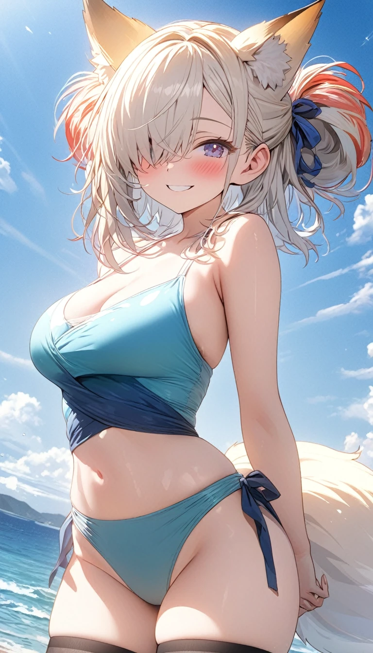 (8k, 4k, Masterpiece, Ultra quality, Ultra detail, HDR, Anime, Brighter colors), (1girl, Kitsune ears, medium hair, Bangs over one eye, 2-tone hair, Tied hair, Blush,smiling, breasts, (swimsuit, thigh highs), Standing , Hands behind back, plain background