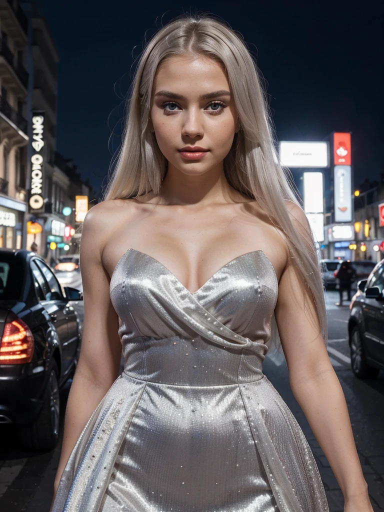 in Mercedes w223, in Paris, in a bright evening dress, with a clutch, best quality, 8k, 32k, masterpiece, UHD:1.2, , masterpiece, (..RAW), natural lighting, ((Best Quality)), ((Masterpiece)), (Detailed), Perfect Face, 1.1, Highly Detailed Face and Skin Structure, Detailede Augen, 21 Year Old Ukrainian Shatnek, Cute Vacation Pictures, Cute Modern , Cute Makeup , aesthetic photos on Instagram ,evening bodycon dress , (very straight platinum hair), closed mouth, (extremely detailed eyes),Jiggle Physics, (highly detailed skin), pale skin, photographed, ((filmic grain)), night city
