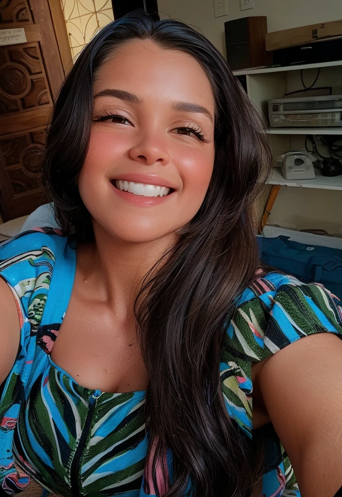 Happy woman smiling, light brown hair, light brown eyes, with garden in background
