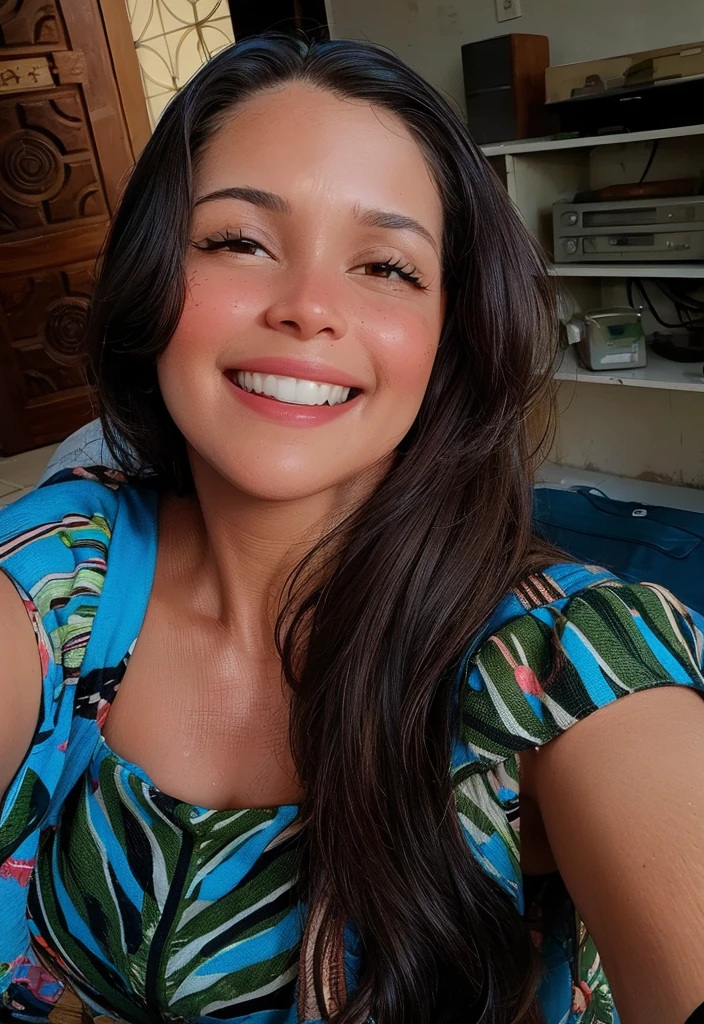 Happy woman smiling, light brown hair, light brown eyes, with garden in background