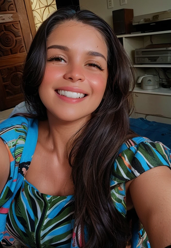 Happy woman smiling, light brown hair, light brown eyes, with garden in background