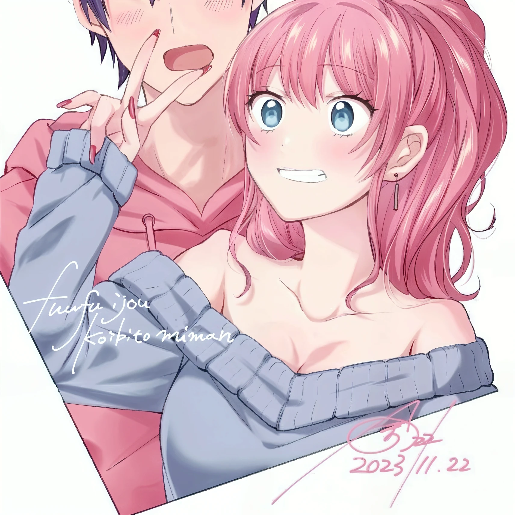 anime couple with pink hair and blue eyes hugging, romance shoujo, shoujo manga, ( ( ( yoshinari yoh ) ) ), shoujo, in ryuuou no oshigoto art style, glad!!!, ddlc, 2d anime style, anime cover, anime visual style, zerochan, romantic!!!, lot of details, girl with flushed cheeks, detailed eyes 8k, perfect  skin, sexy girl, sensuous, sorriso sensuous, charmer smile