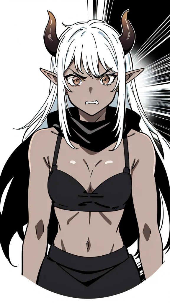 (1girl ,25s,adult,mature female),long hair,(black hair),horns,elf ears,((black scarf)),cleavage,(((dark skin))),(black sports bra, midriff),(white background, line drawing), upper body,looking at view,((angry)),closed mouth,from front,pov