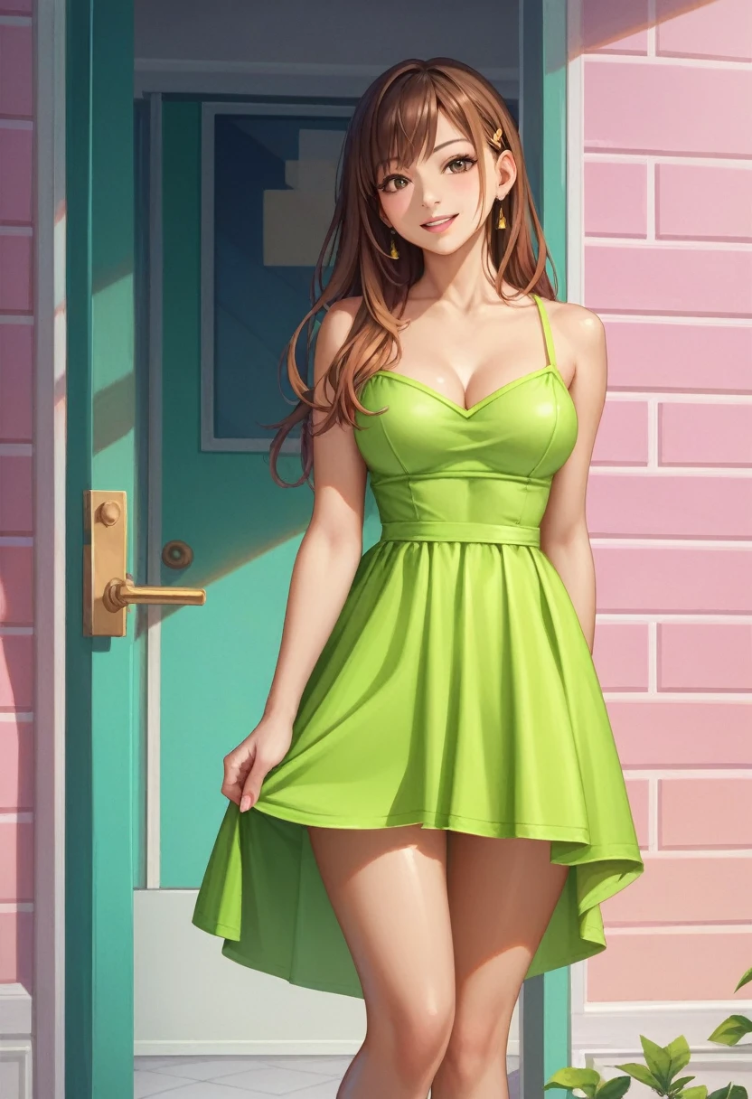 (masterpiece:1.2, 最high quality:1.1, High resolution,Absurd, high quality),(Realistic:1.1),reflected light, colorful,Super detailed, Ultra HD, Very detailed,
Yotsuya Miko, Open door, Yellow-green dress, Straight Hair, Brown Hair, Brown eyes,Convenience store entrance, (A look full of desire), Fast food in both hands, One girl, Focus Only,