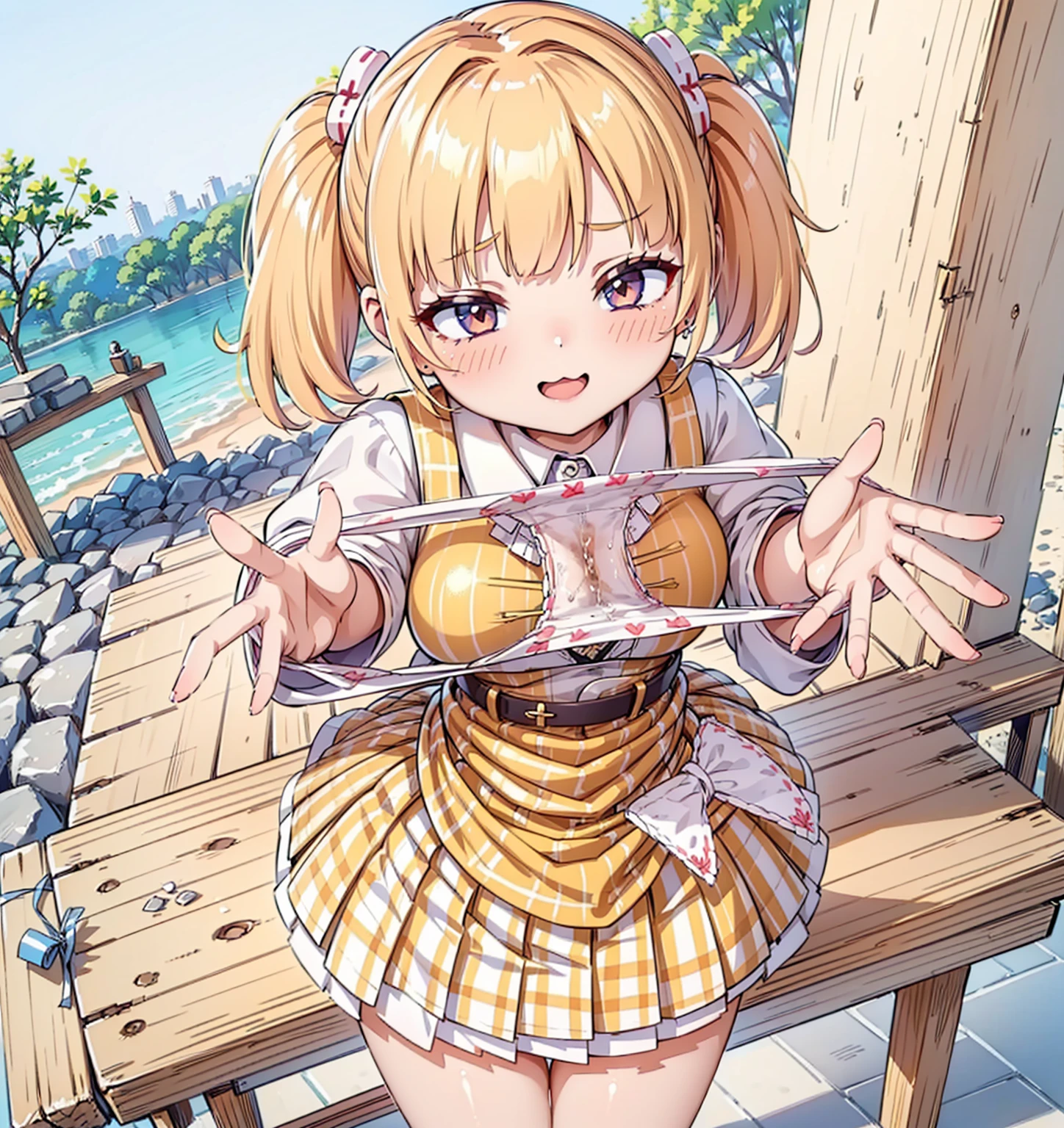 bionde, {{{Half Twin Tail:1.hirt, blush, white shirt, hair ornaments, Manicure, Plaid skirt, Pleated skirt,
,Pay attention to the pantieing down,View your audience,Panties as a bletop, Highest quality, Perfect Skin, Detailed skin texture, Super detailed, 8K, Intricate details, Beautifully detailed face,High resolution,
Looking down at the viewer, masterpiece, (Panties are stained e)、(Pussy、Love Juice)、(body odorfect hands,(((1 girl,alone)))