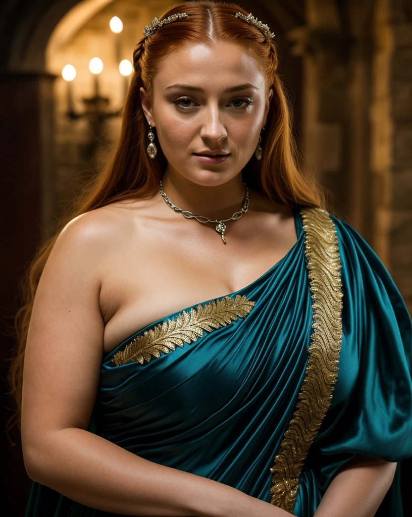 Foto RAW, Sansa Stark, Extremely gorgeous lady, Sansa Stark PLAYED BY Sophie Turner, Full figured woman, heavy physique, voluptuous, curvy, Full figured lady, thick fleshy figure, bulky figure, Queen Sansa Stark, she a mature woman now, milf, sexy mediaeval battle dress, gladiator woman, body, 45 years old Woman, body revealing costumes, perky breast, alluring figure, big natural breast, mediaeval costumes, mediaeval queen dress, erotic costumes, lusty physique, seductive figure can capture every people's attention, Game of thrones costumes, revealing captivating figure, Mediaeval costumes, revealing clothes, A tomboy, she would rather fence than dance, warrior queen , game of thrones screen caps, Game of Thrones Series, (pele altamente detalhada: 1.2), 8k UHD, DSLR, soft-lighting, alta qualidade, grain of film, Fujifilm XT3