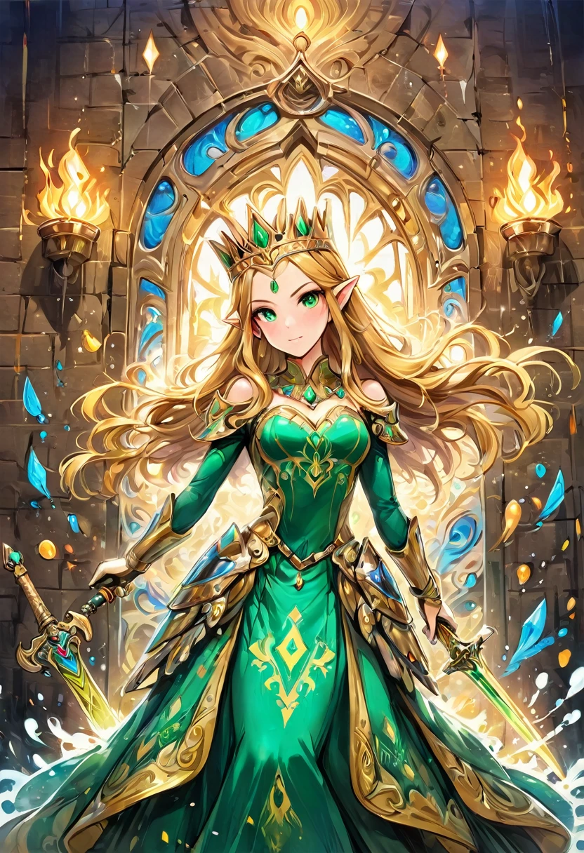 aa graffiti painting art on the wall of the castle of Princess Zelda on the wall of a castle, ,Princess Zelda (intense details, Masterpiece, best quality: 1.5), wearing intricate green dress, delicate diamond crown, ultra detailed face, ultra feminine, fair skin, exquisite beauty, gold hair, long hair, wavy hair, small pointed ears, dynamic eyes color, wearing heavy green and white armor, shinning metal, armed with elven sword, ais-graffiti, chumbasket art style, graffiti art
