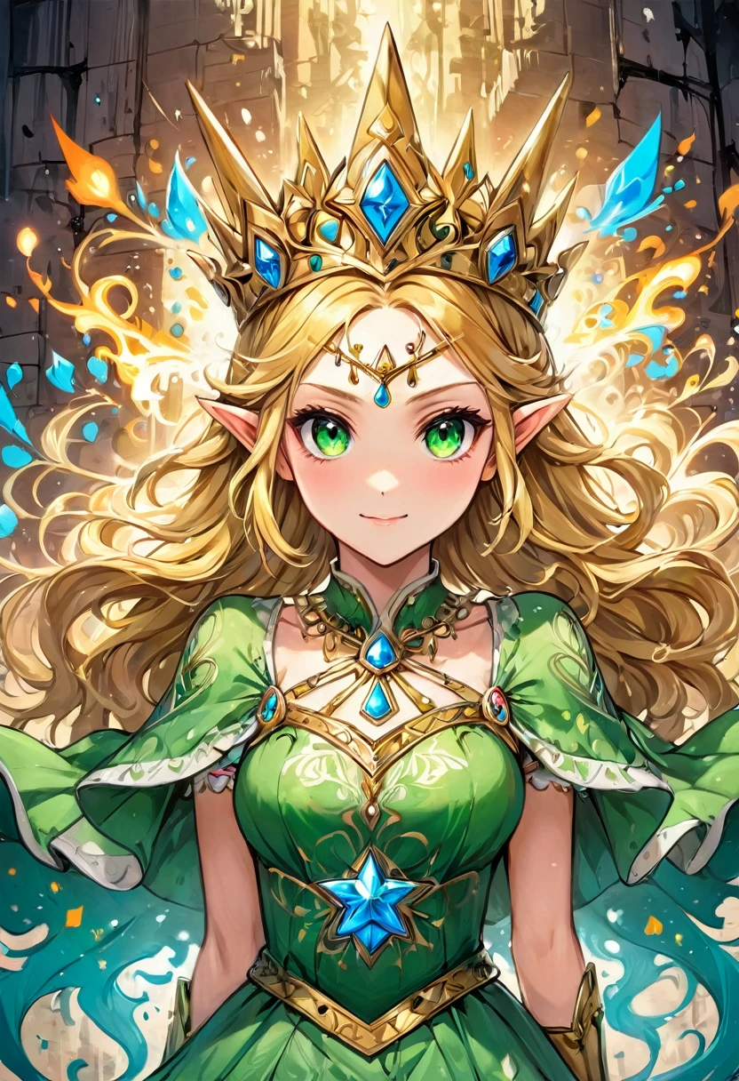 aa graffiti painting art on the wall of the castle of Princess Zelda on the wall of a castle, ,Princess Zelda (intense details, Masterpiece, best quality: 1.5), wearing intricate green dress, delicate diamond crown, ultra detailed face, ultra feminine, fair skin, exquisite beauty, gold hair, long hair, wavy hair, small pointed ears, dynamic eyes color, wearing heavy green and white armor, shinning metal, armed with elven sword, ais-graffiti, chumbasket art style, graffiti art
