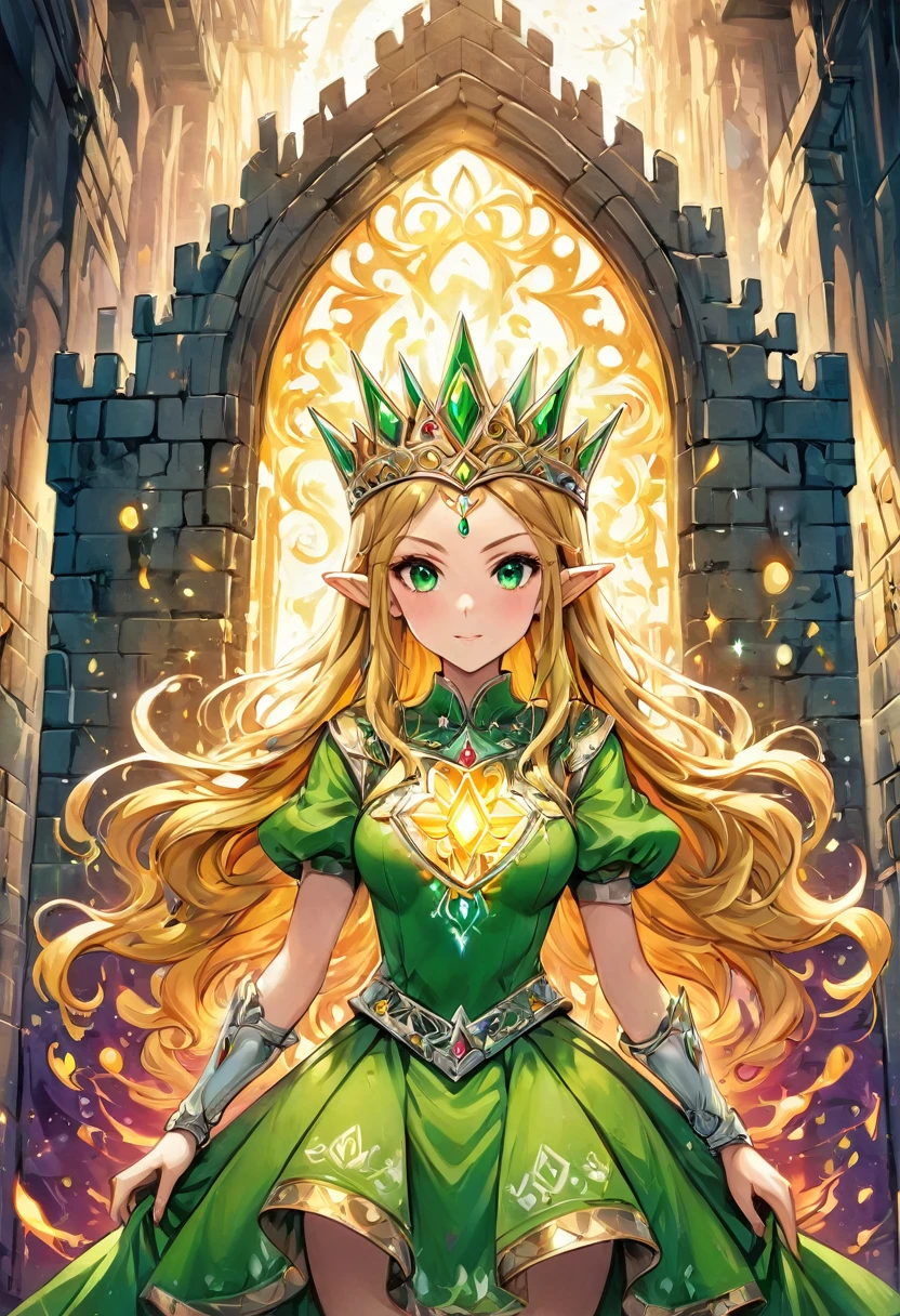 aa graffiti painting art on the wall of the castle of Princess Zelda on the wall of a castle, ,Princess Zelda (intense details, Masterpiece, best quality: 1.5), wearing intricate green dress, delicate diamond crown, ultra detailed face, ultra feminine, fair skin, exquisite beauty, gold hair, long hair, wavy hair, small pointed ears, dynamic eyes color, wearing heavy green and white armor, shinning metal, armed with elven sword, ais-graffiti, chumbasket art style, graffiti art
