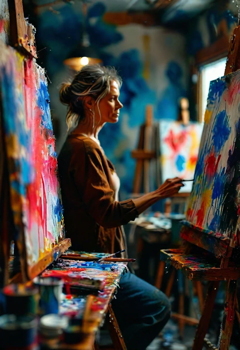  An artist at their easel, their emotions poured into each brushstroke as they lose themselves in their creative flow, captured through the eyes of the Canon EOS R5 in their natural habitat, studio lit to emphasize their focus and fervor, -ar 1:1 --chaos 25 --stylize 75 --v 6