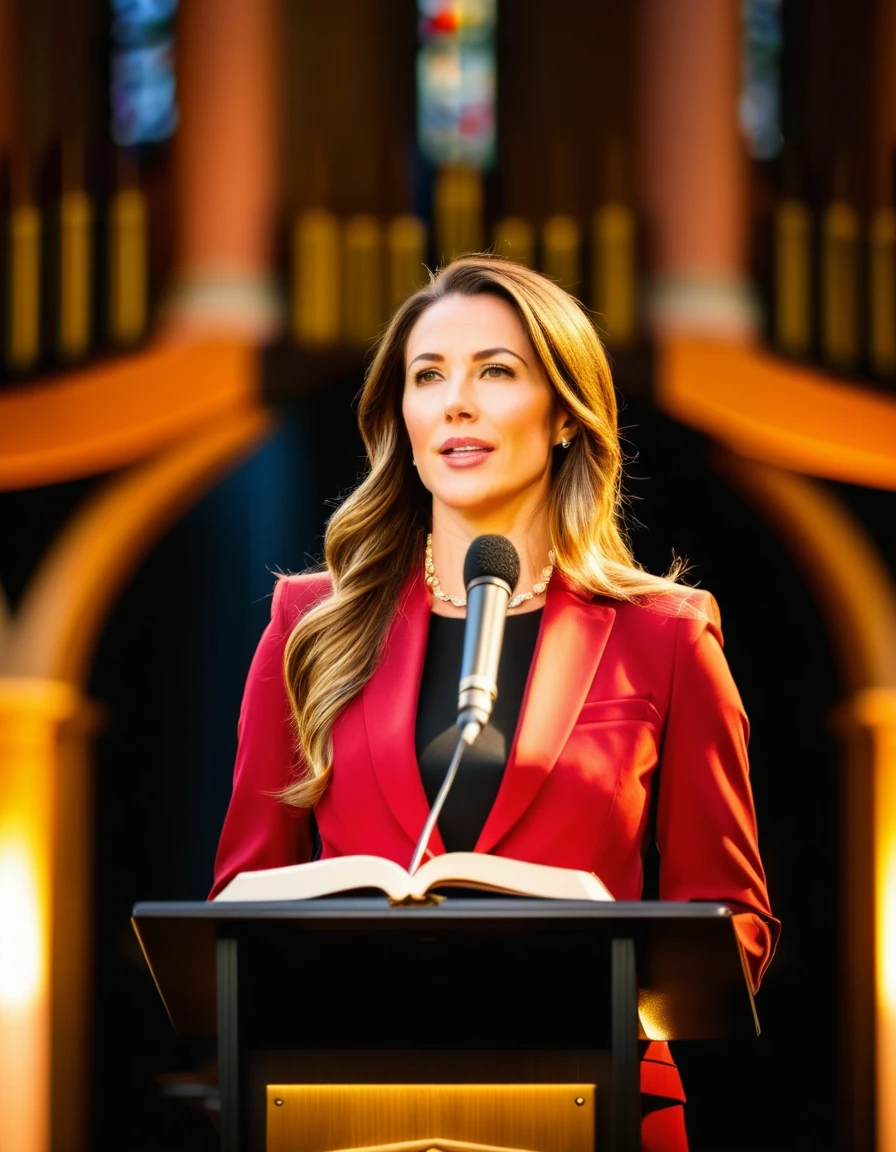 ((woman)), (30 year old), (long hair), (wearing reddish suit), (speech at a lectern), (bible on the pulpit), (modern protestant church background), (golden hour light), (photo realism), (hyper detailed), diffuse lighting, (((front view))), (long shot in Nikon D850 DSLR), ((200mm f/1. 8 lens)), (Slightly blurred background with bokeh effect)
