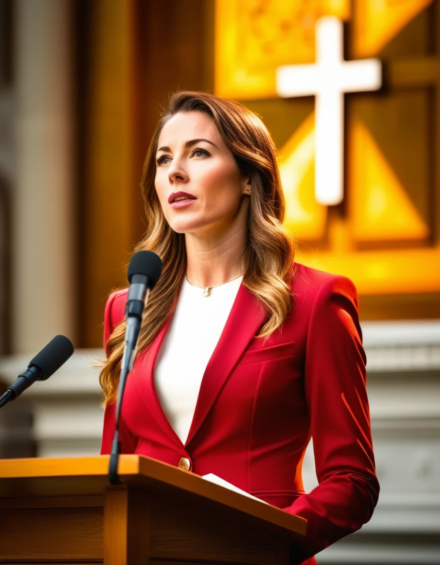 ((woman)), (30 year old), (long hair), (wearing reddish suit), (speech at a lectern), (bible on the pulpit), (modern protestant church background), (golden hour light), (photo realism), (hyper detailed), diffuse lighting, (((front view))), (long shot in Nikon D850 DSLR), ((200mm f/1. 8 lens)), (Slightly blurred background with bokeh effect)